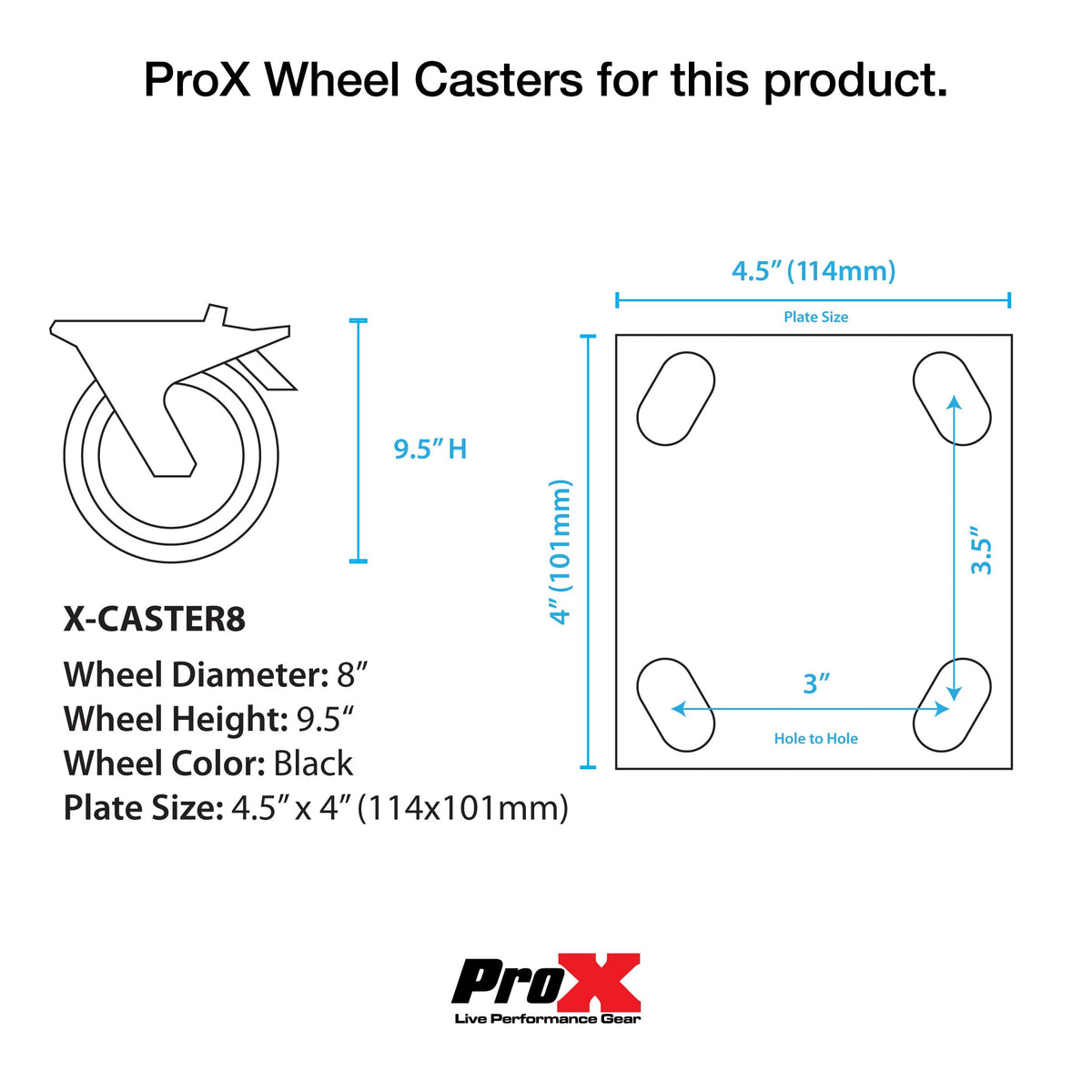ProX Single 8-inch Industrial Grade Caster Wheel for ProX ATA Flight Utility Console Speaker Cases - Plate 4.5 x 4 in..