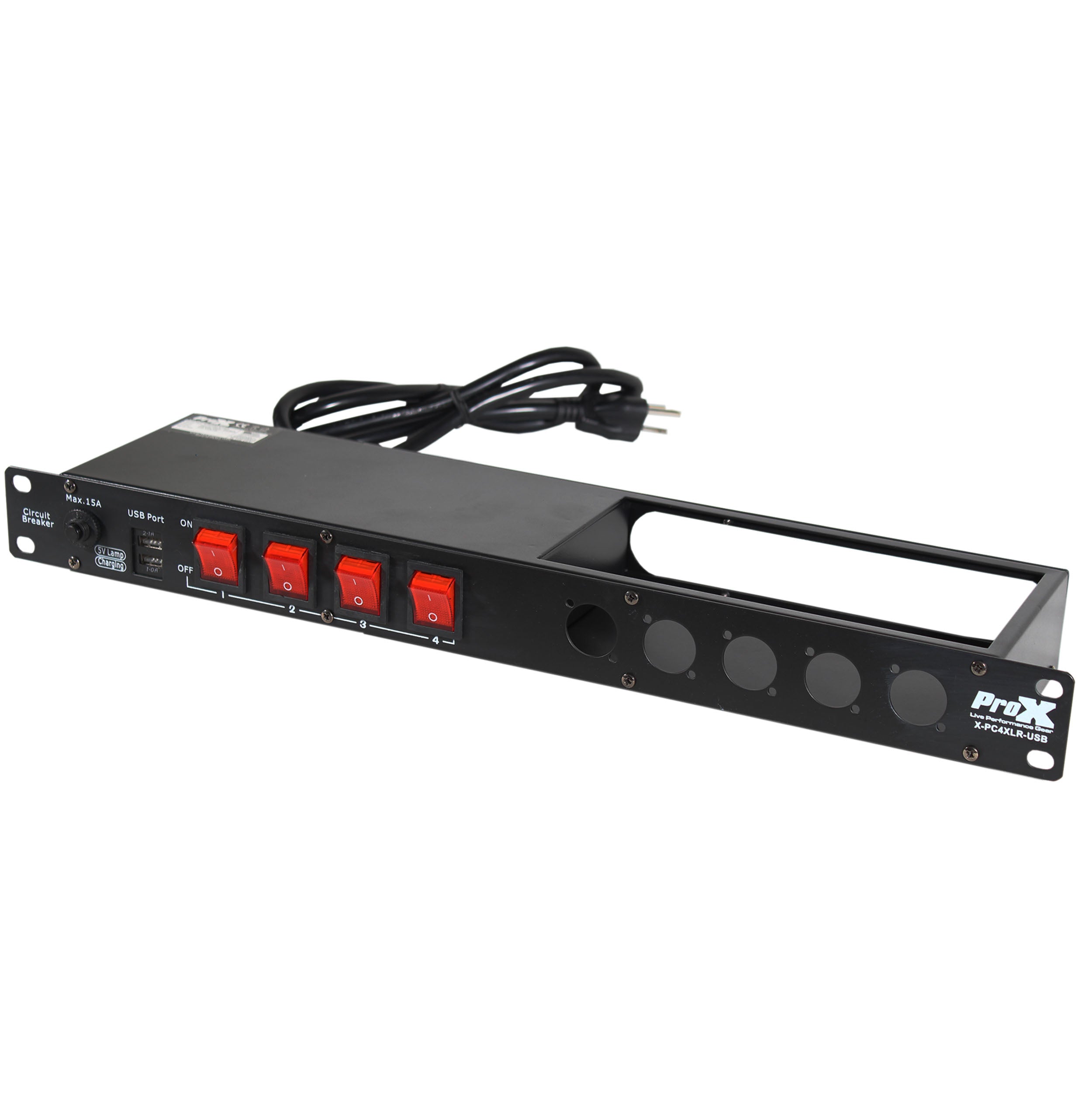 ProX 4 Way Powerkon to Edison AC Power 1U Rack Mountable Power Strip 5x Punched D-Series 15A Breaker On Off LED Toggle Switches