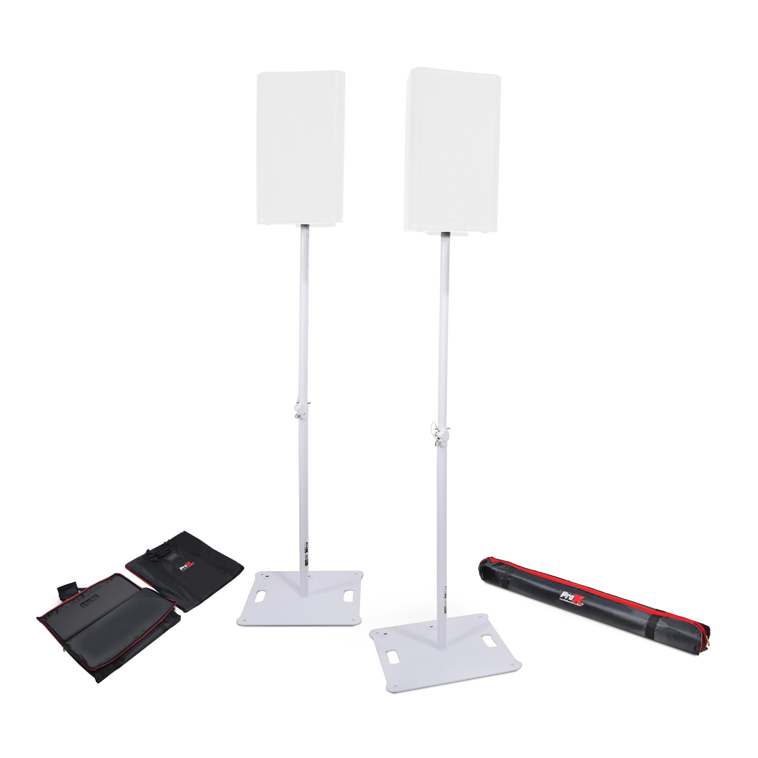 ProX POLARIS Portable Speaker and Lighting Pair Stand Kit with Base Plate, Telescoping Pole, and Carry Bags - White Finish.