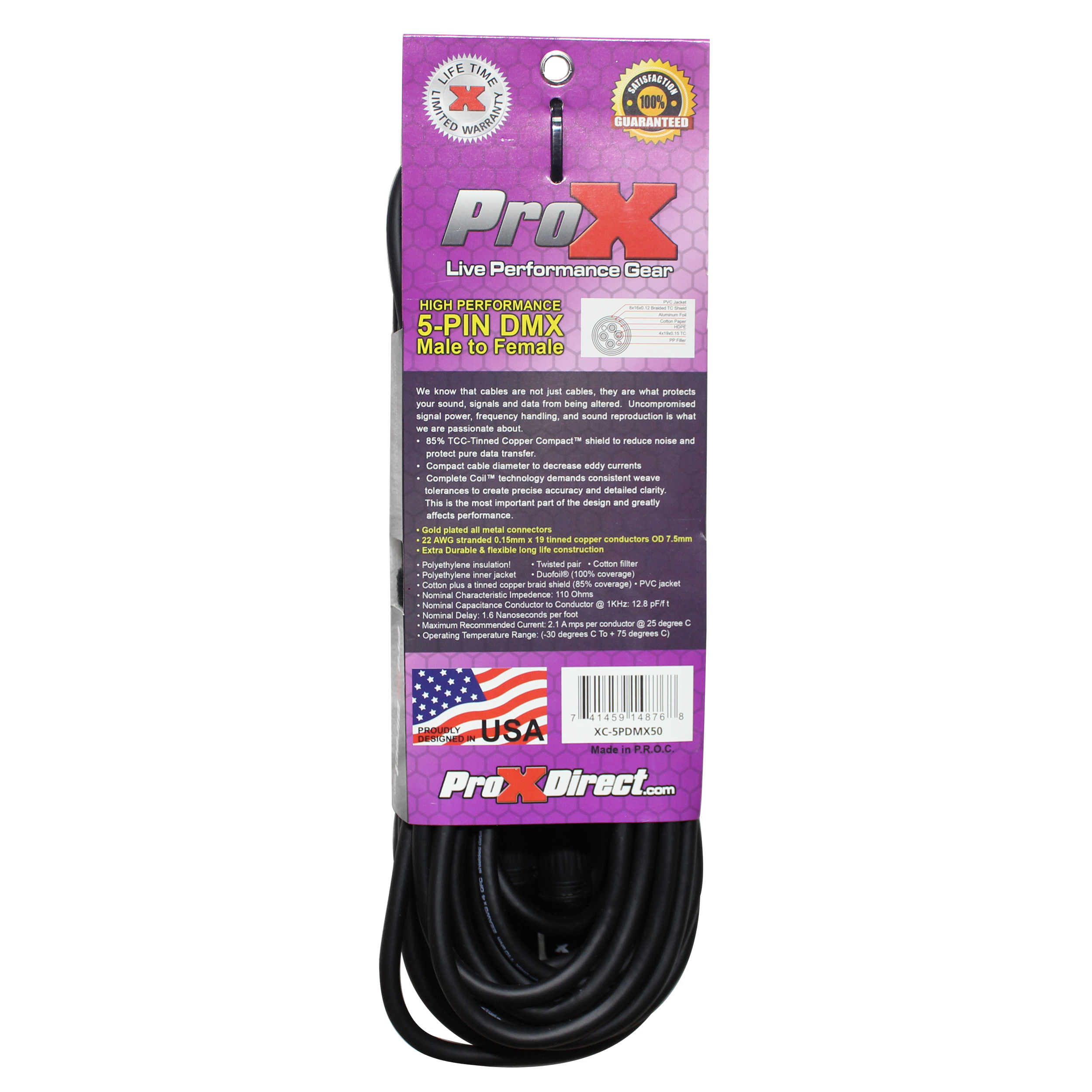 ProX 50 Ft. DMX XLR5-M to XLR5-F High Performance 5-PIN Data Cable
