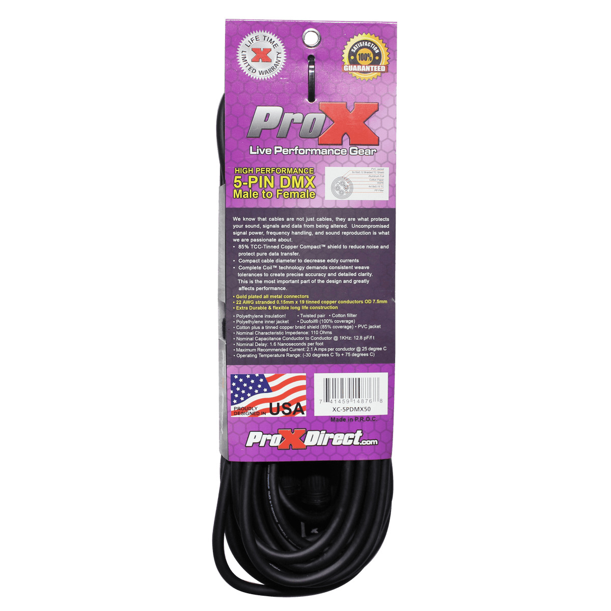 ProX 50 Ft. DMX XLR5-M to XLR5-F High Performance 5-PIN Data Cable.