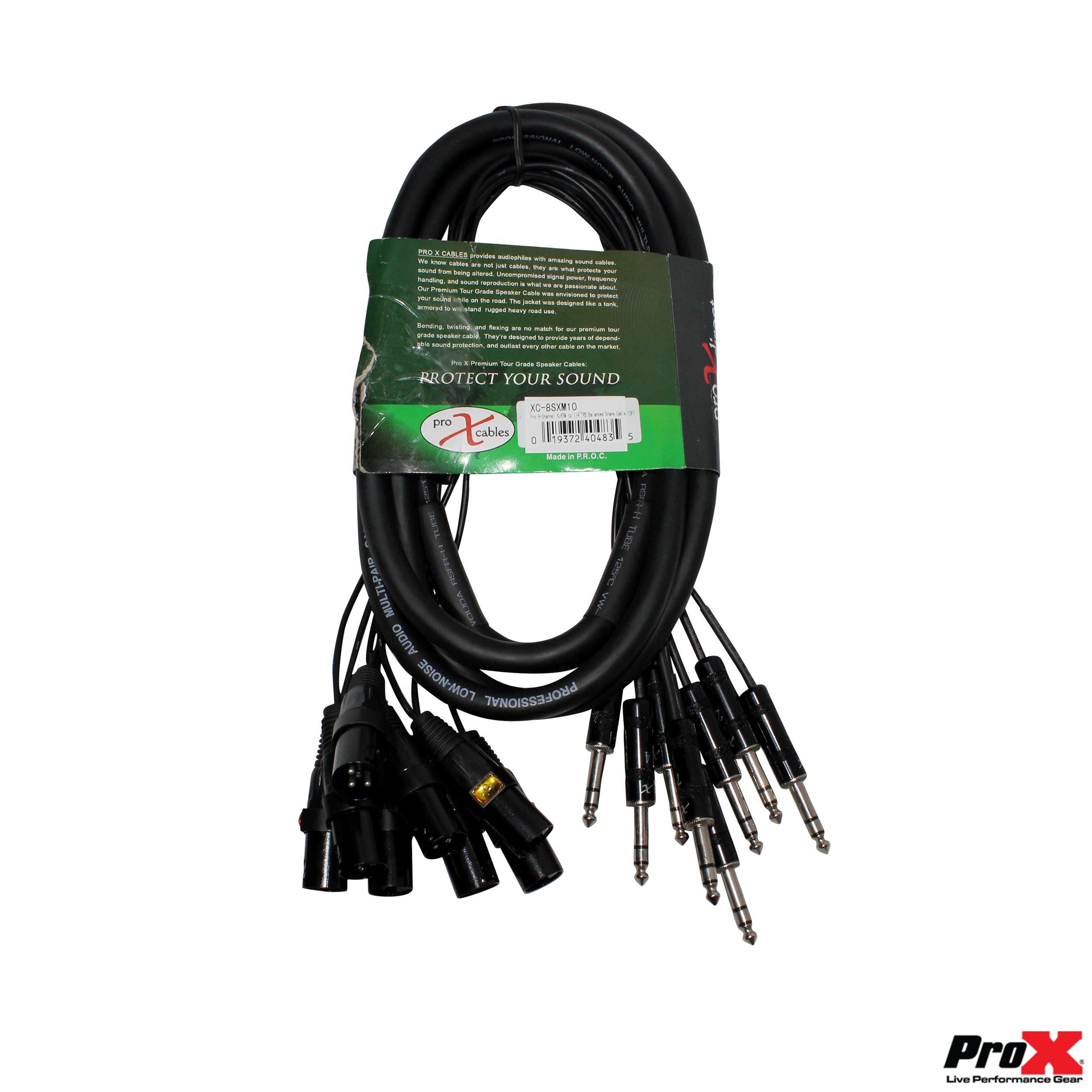 ProX 10' Ft High-Performance 8-Channel Snake Cable XLR-M TO 1/4" TRS Balanced Audio Cable