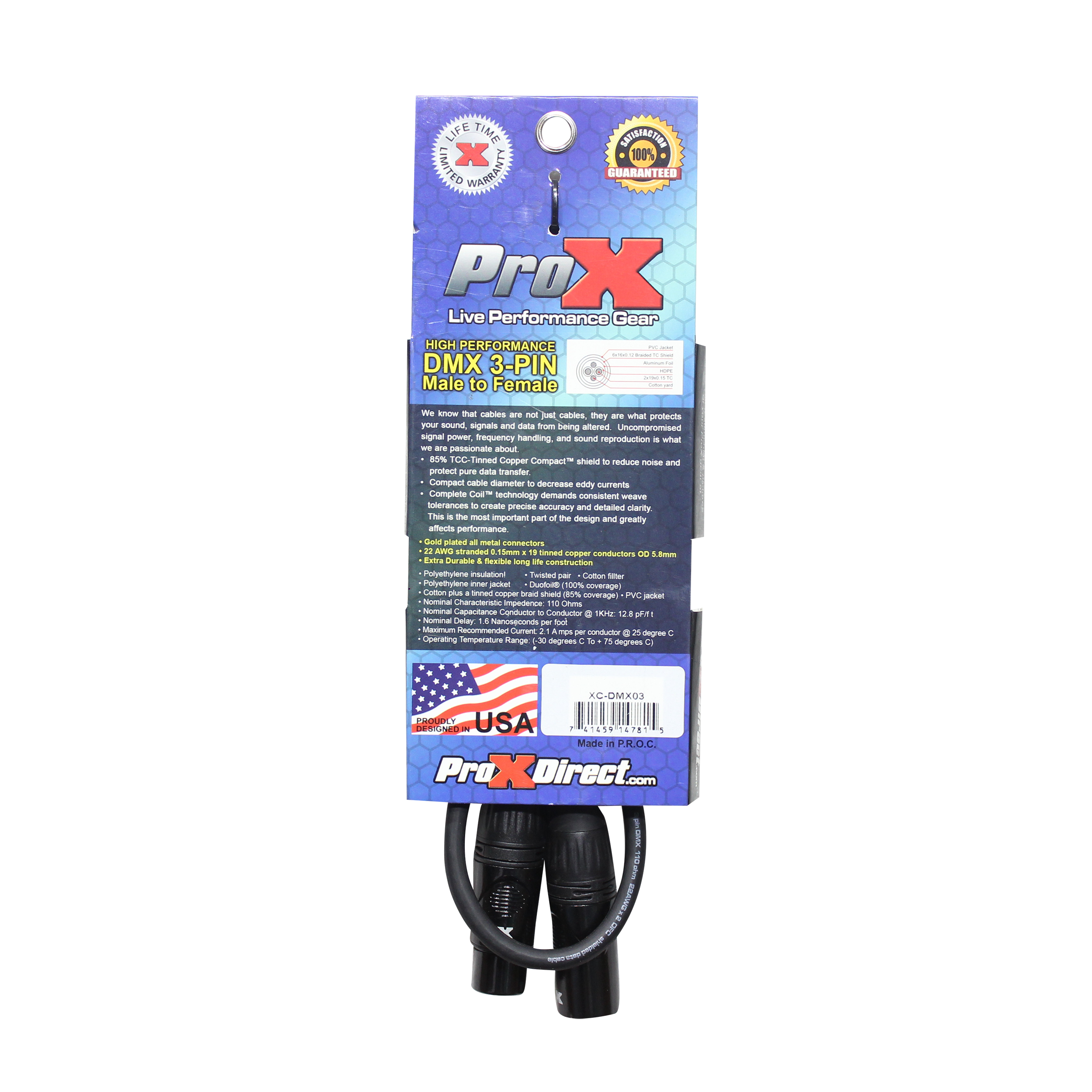 ProX 3 Ft. High Performance DMX Male 3-Pin to DMX Female 3-Pin Coupler Patch Cable