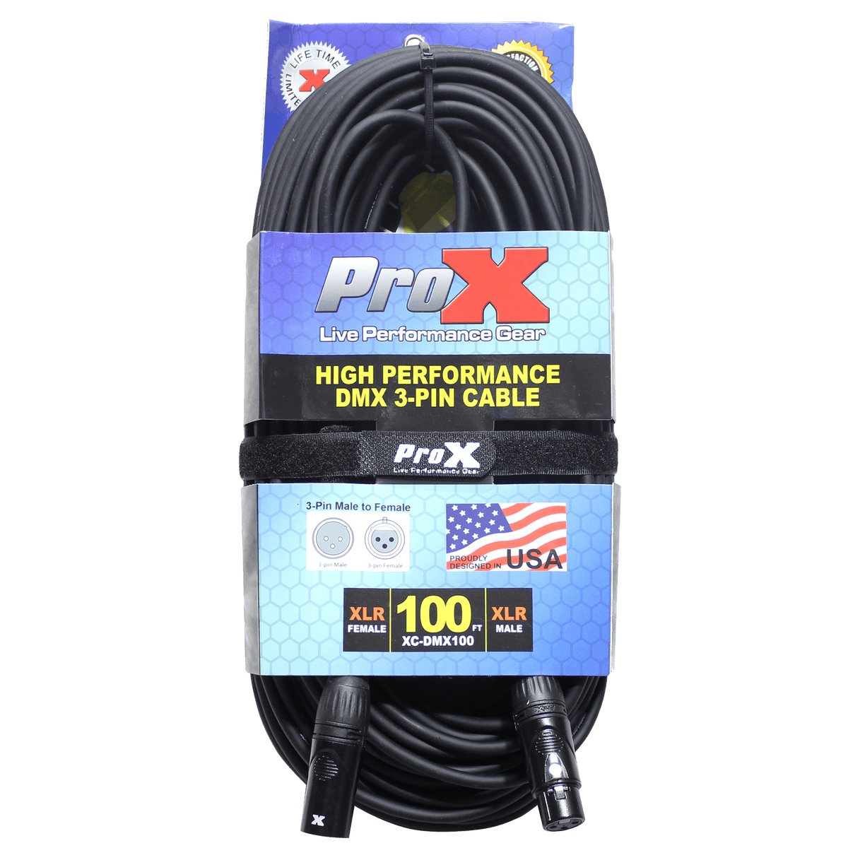 ProX 100 Ft. High Performance DMX Male 3-Pin to DMX Female 3-Pin Coupler Patch Cable.