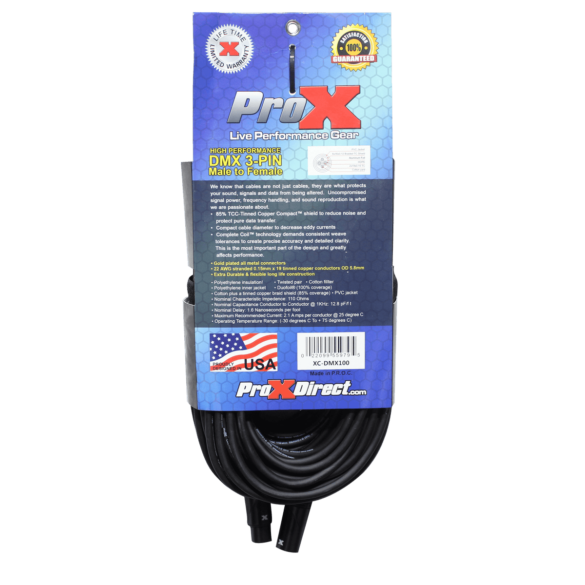 ProX 100 Ft. High Performance DMX Male 3-Pin to DMX Female 3-Pin Coupler Patch Cable.
