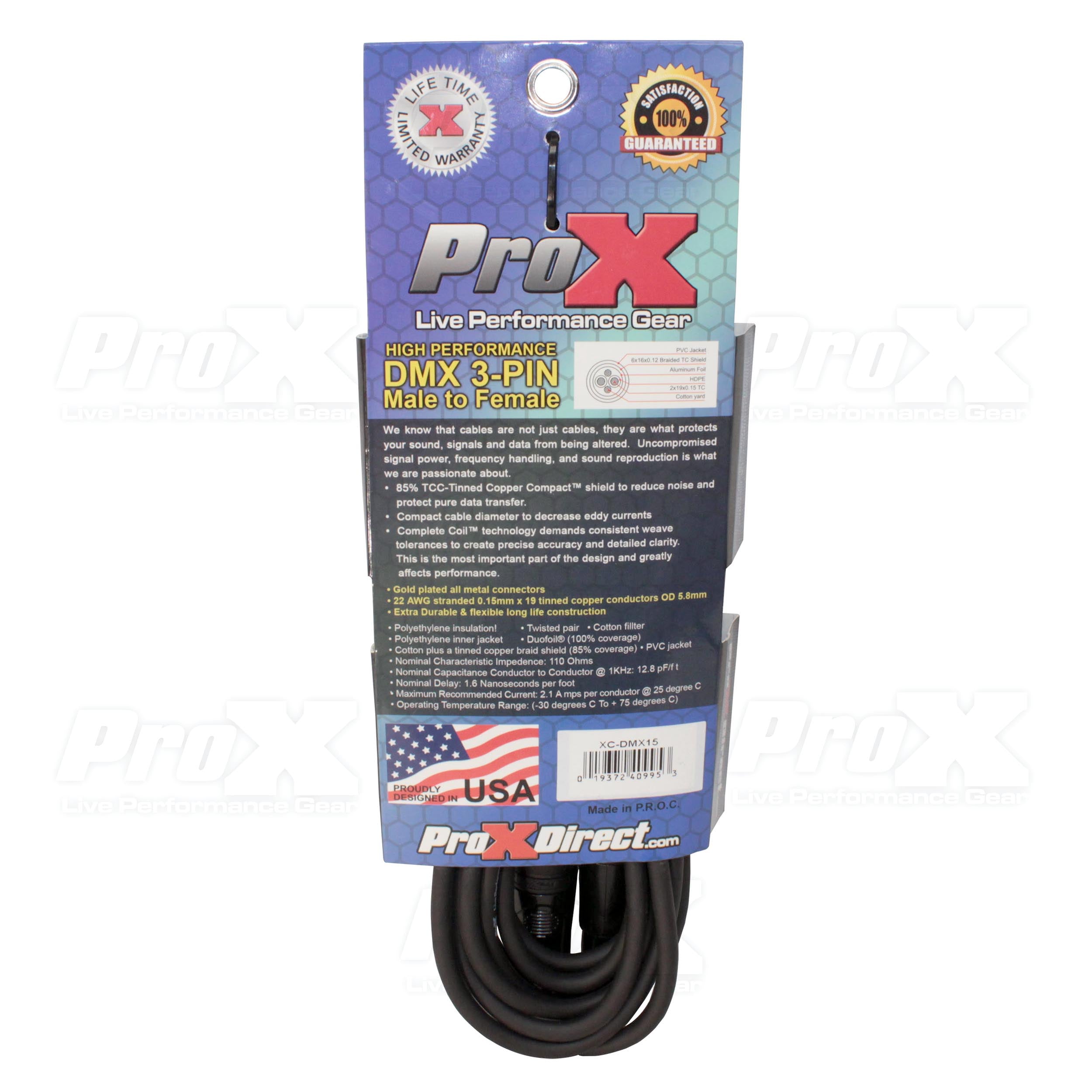 ProX 15 Ft. High Performance DMX Male 3-Pin to DMX Female 3-Pin Cable