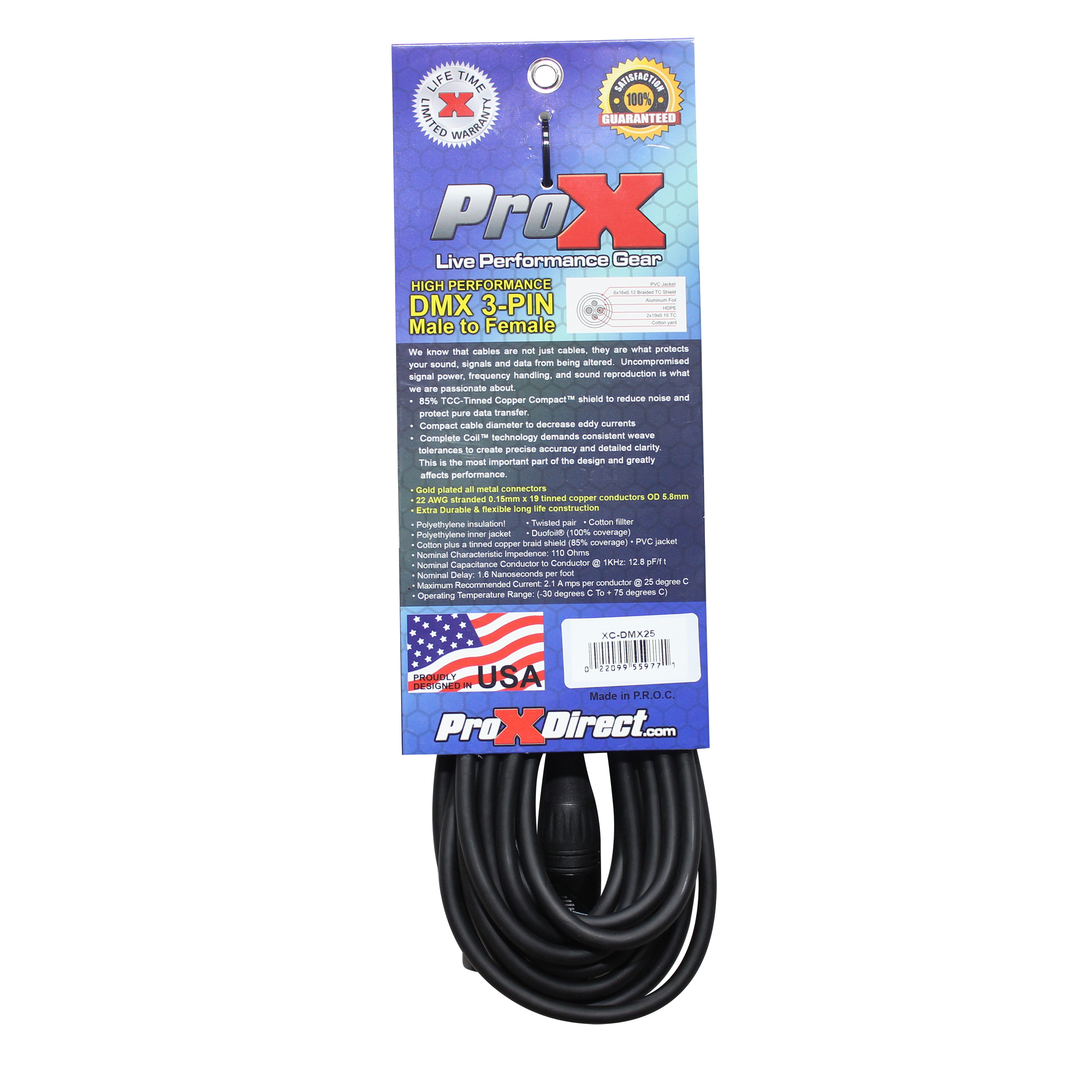 ProX 25 Ft. High Performance DMX Male 3-Pin to DMX Female 3-Pin Coupler Patch Cable