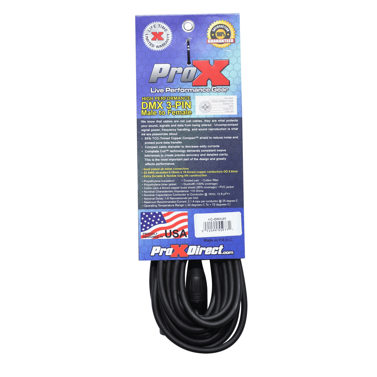 ProX 25 Ft. High Performance DMX Male 3-Pin to DMX Female 3-Pin Coupler Patch Cable.