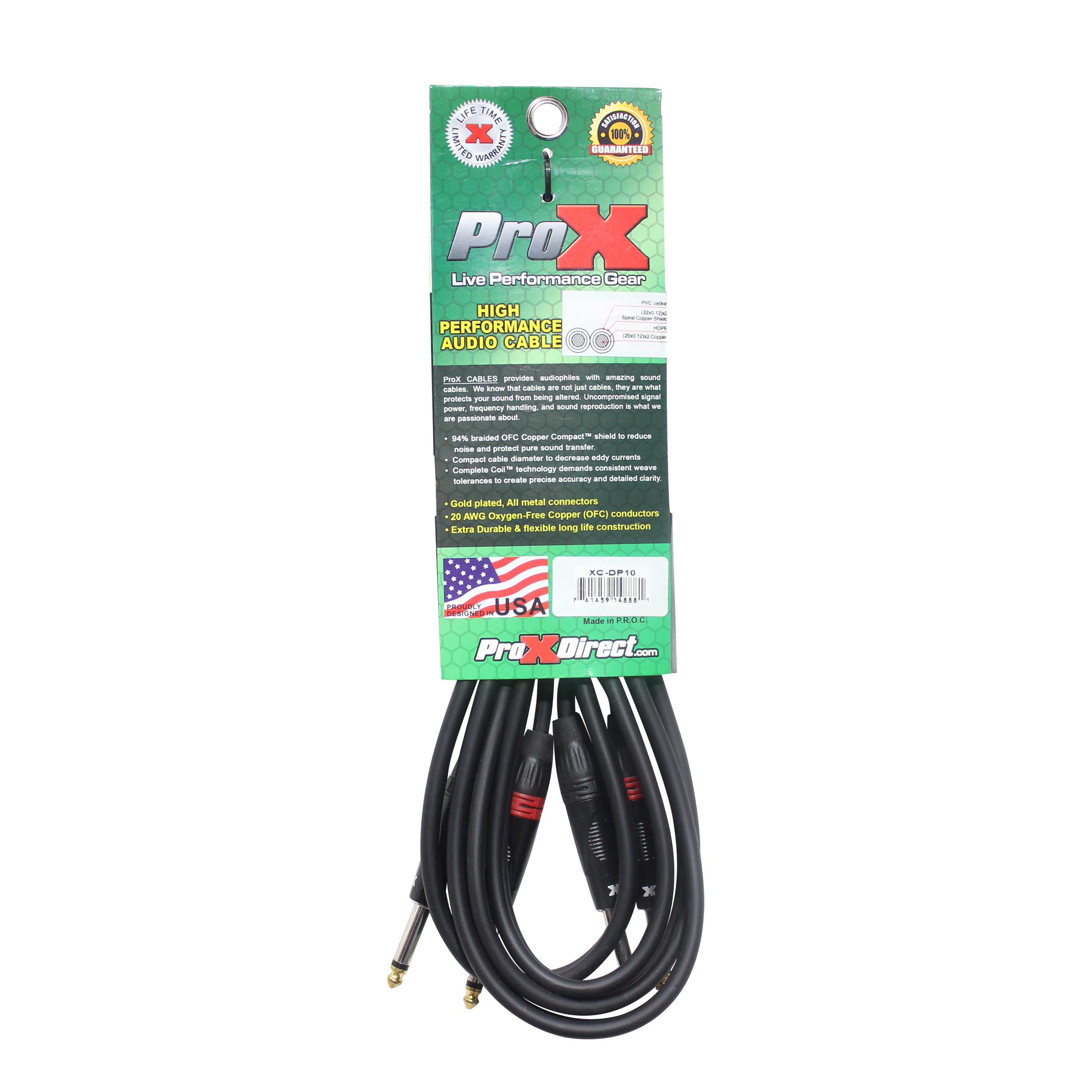 ProX 10' Ft. High Performance 1/4” TS Male to Dual 1/4” TS Male Unbalanced Audio Cable