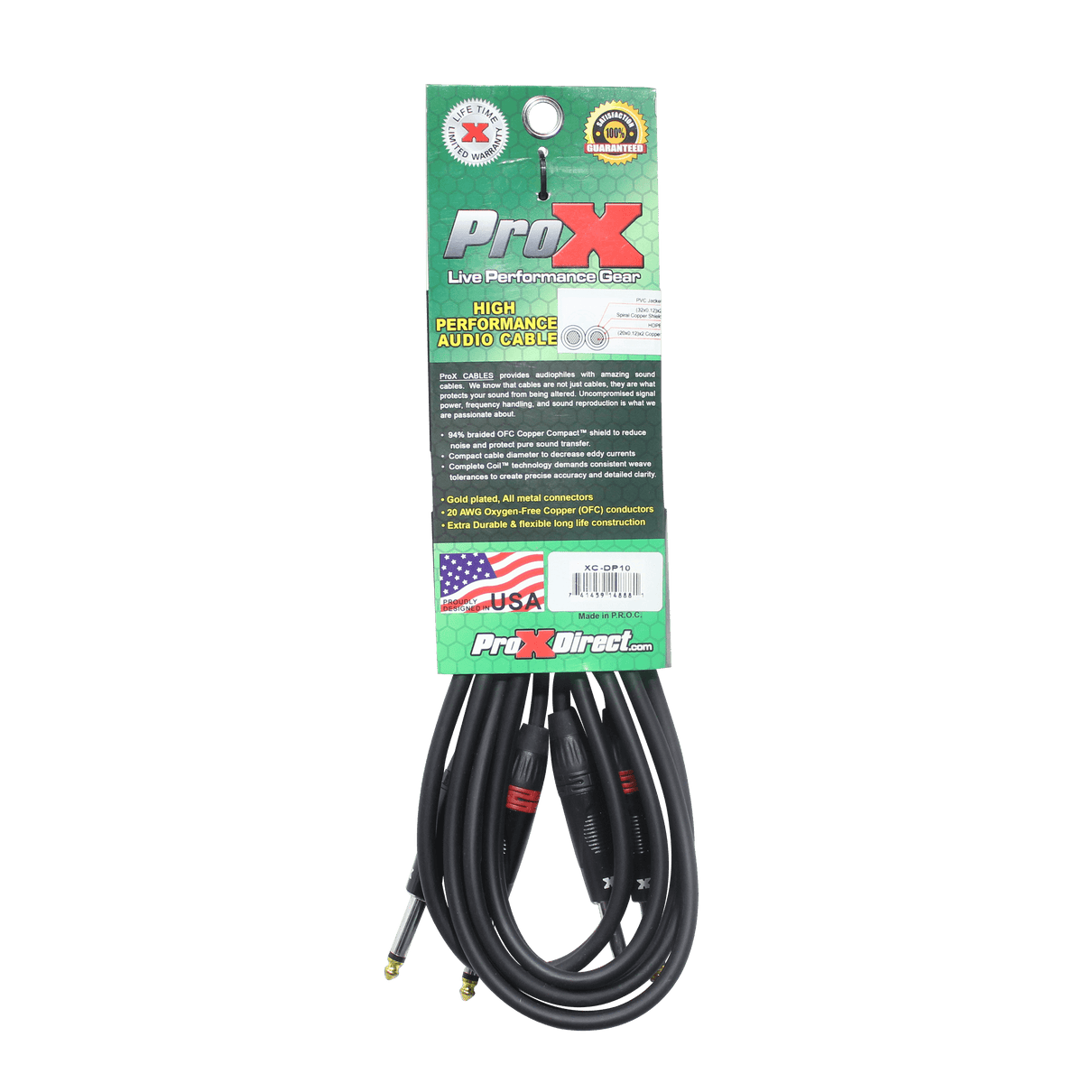 ProX 10' Ft. High Performance 1/4” TS Male to Dual 1/4” TS Male Unbalanced Audio Cable.