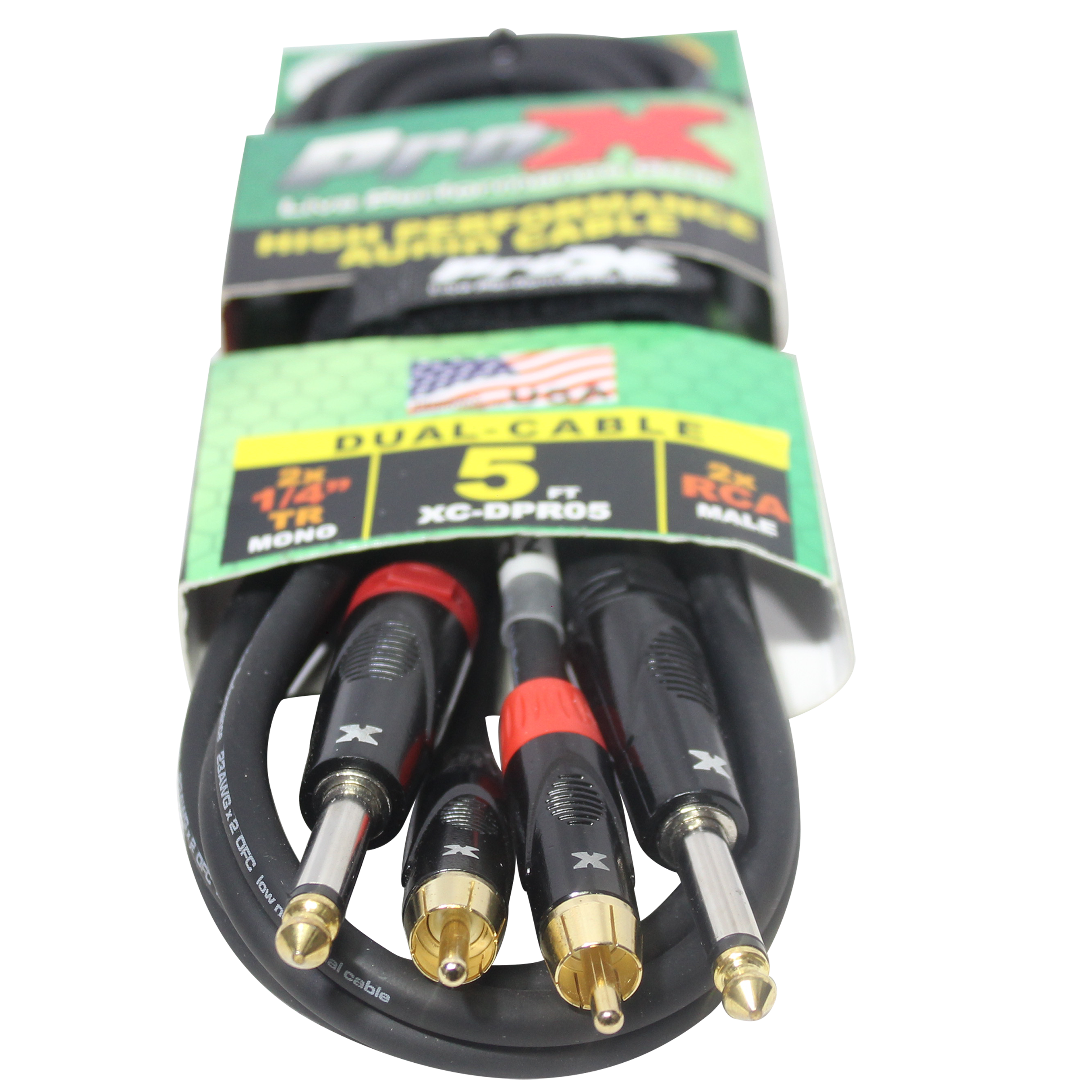 ProX 5' Ft. High Performance 1/4” Male TS to Dual RCA Male Unbalanced Audio Cable