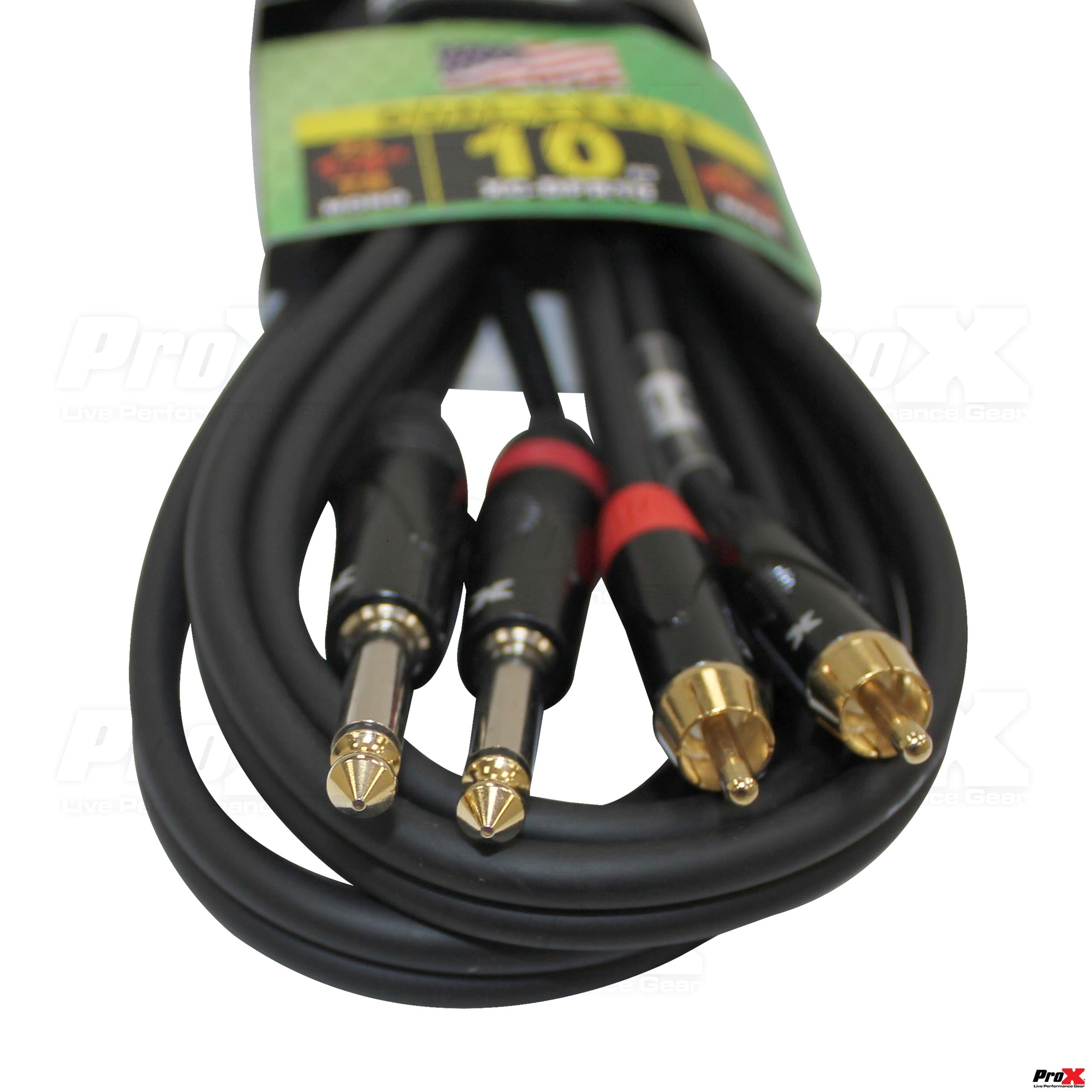 ProX 10' Ft. High Performance 1/4” Male TS to Dual RCA Male Unbalanced Audio Cable