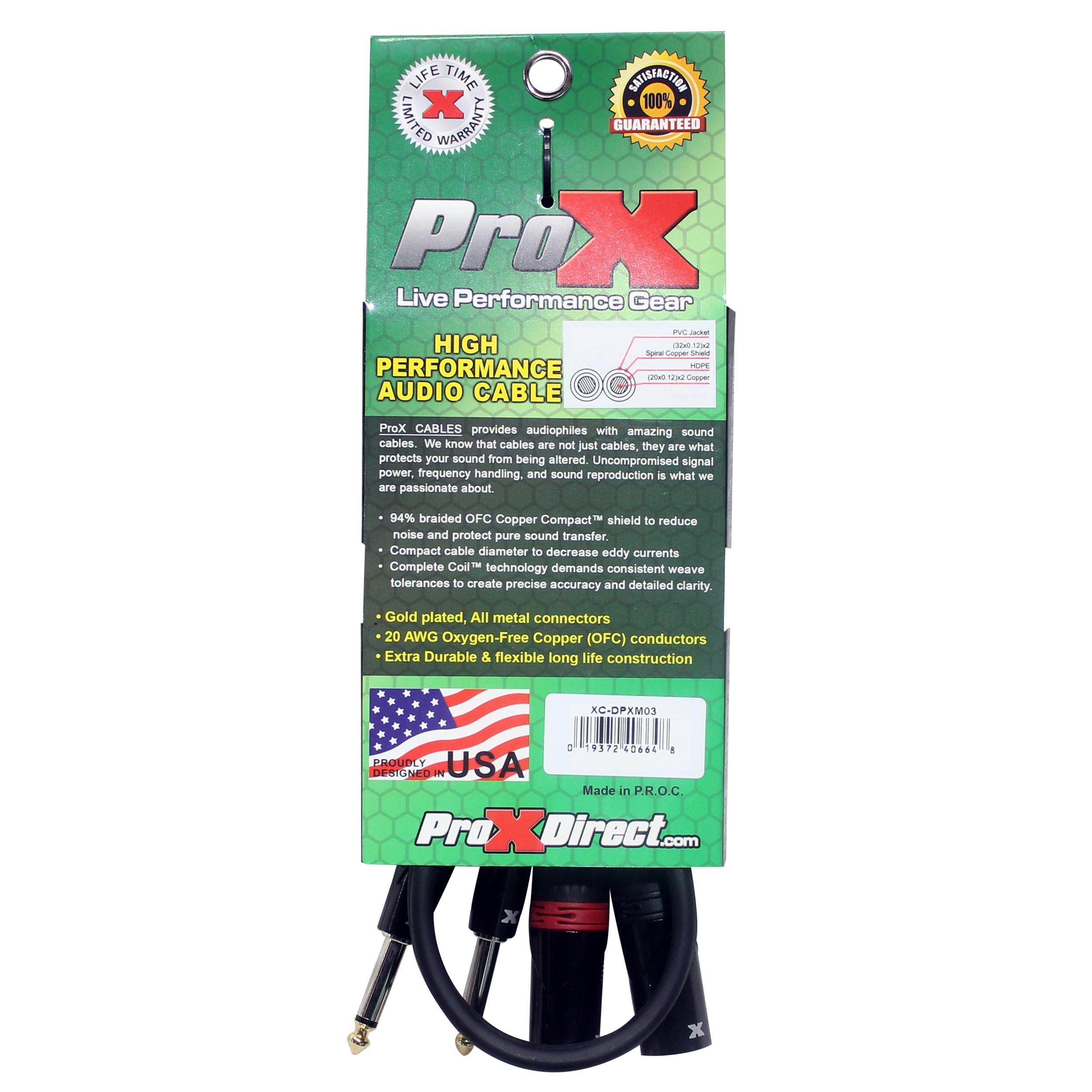 ProX 3' Ft. High Performance 1/4” TS Male to Dual XLR Male Unbalanced Audio Cable