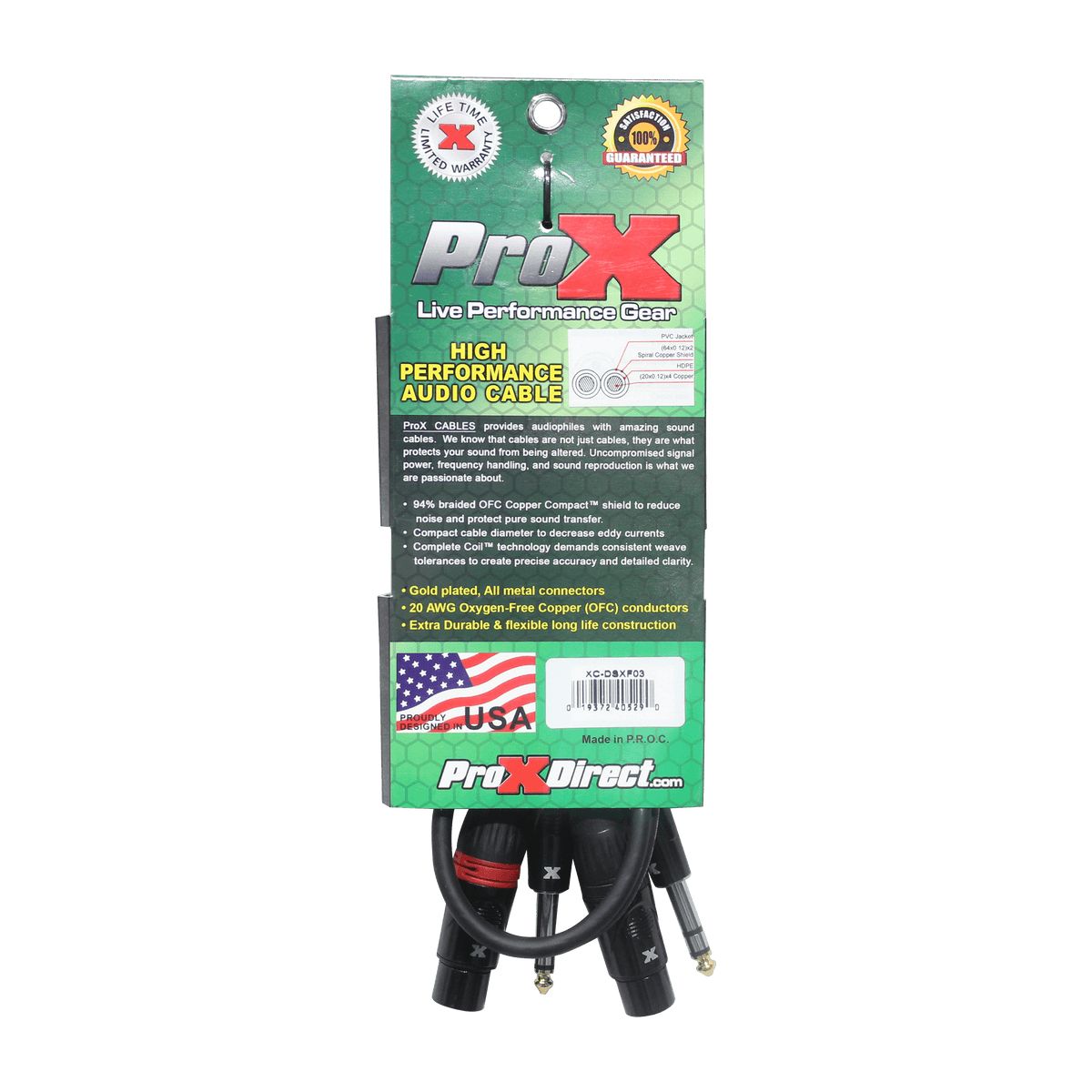 ProX 3 Ft. Balanced Dual 1/4" TRS-M to Dual XLR3-F High Performance Audio Cable.