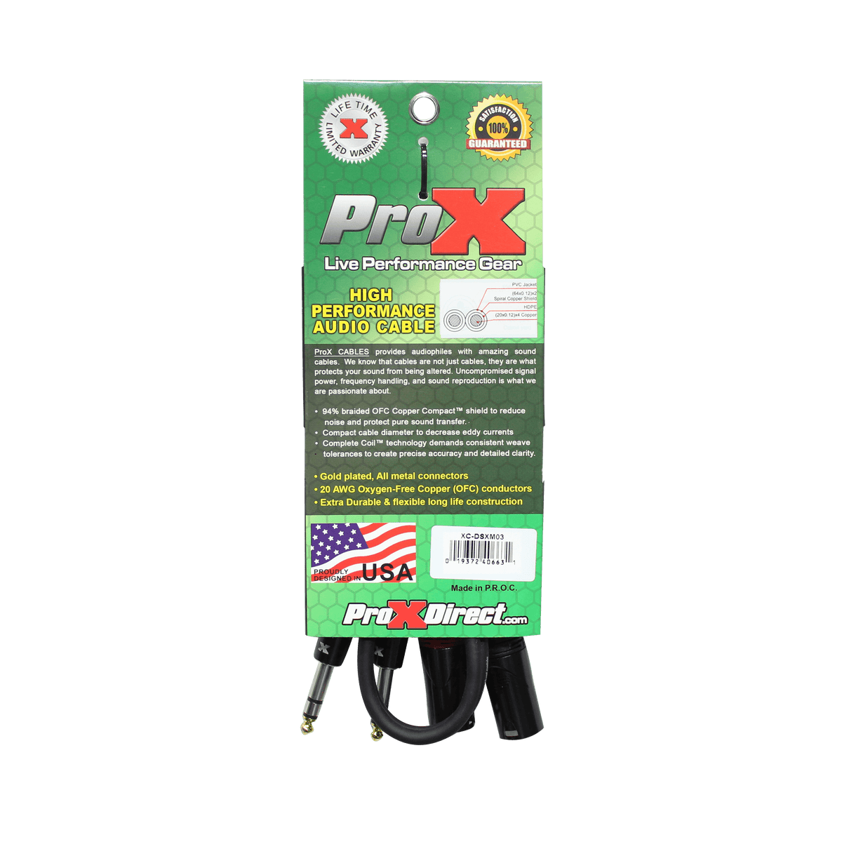 ProX 3 Ft. Balanced Dual 1/4" TRS-M to Dual XLR3-M High Performance Audio Cable.