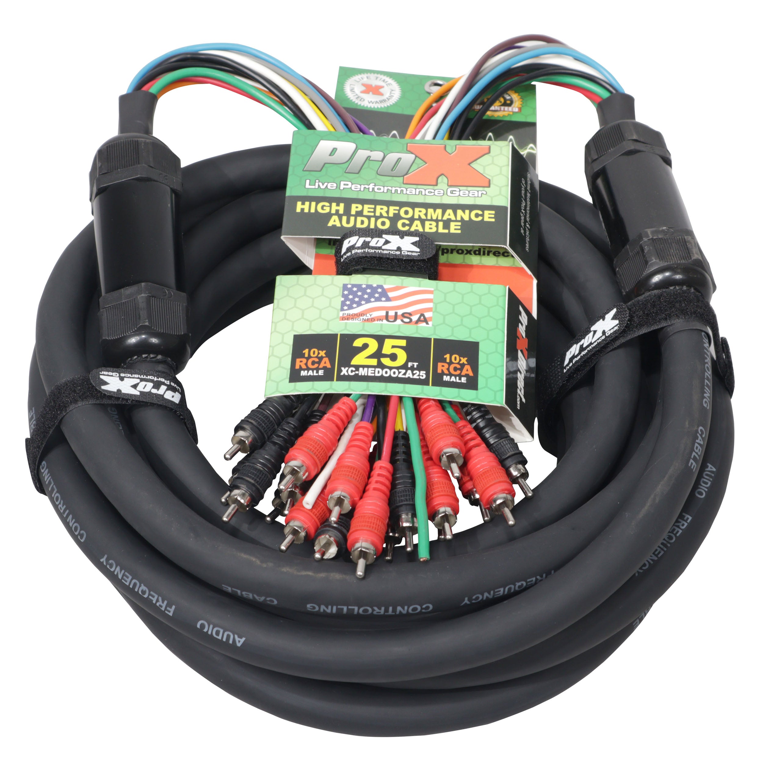 ProX 25' ft 10 RCA Channel + 3 Power Cable for Marine and Car Audio - Medusa Style Cable