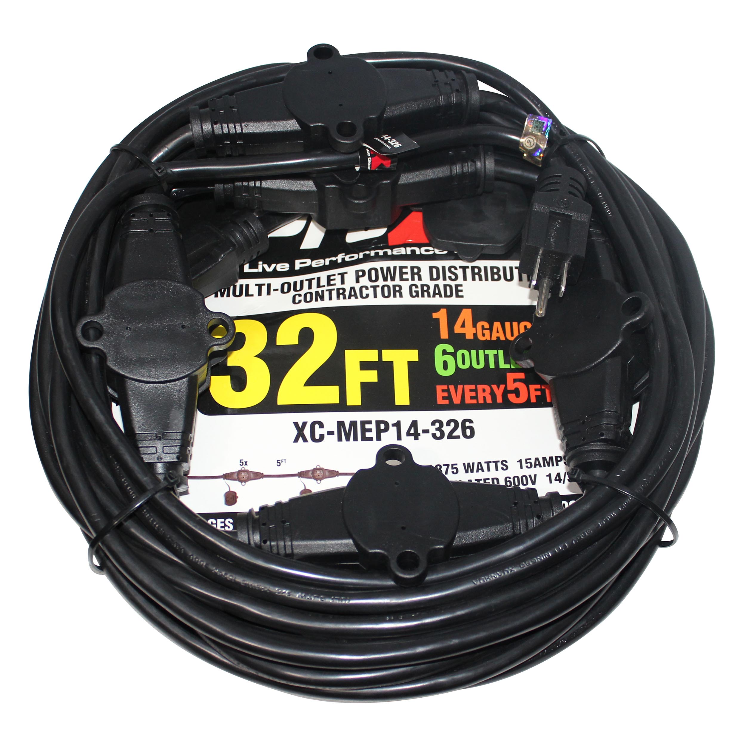 ProX 32' Ft. Male NEMA 110VAC to 6-Outet Female Edison 14/3AWG Power Extension Cable