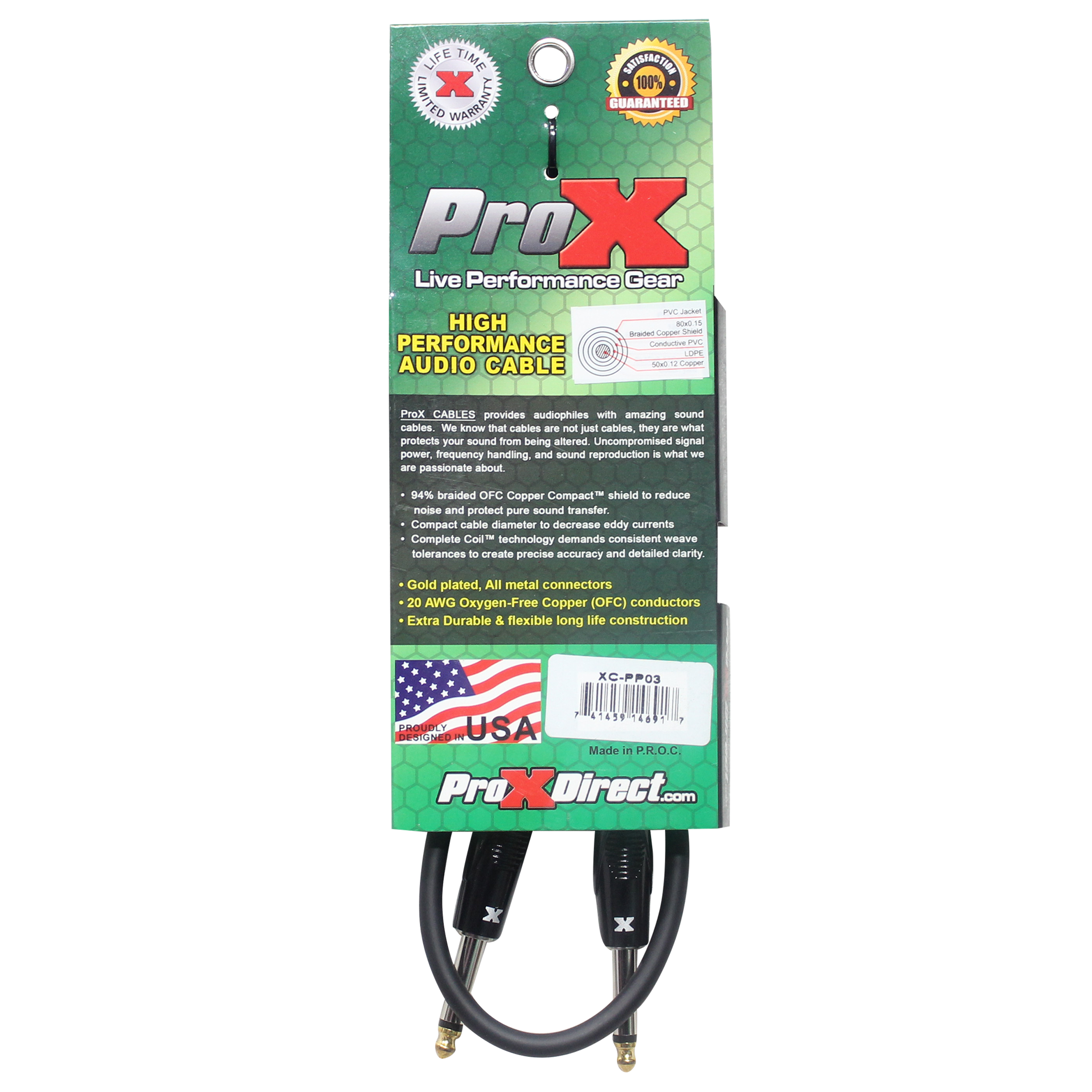 ProX 3' Ft. Unbalanced 1/4" TS-M to 1/4" TS-M High Performance Pro Audio Instrument Guitar Cable