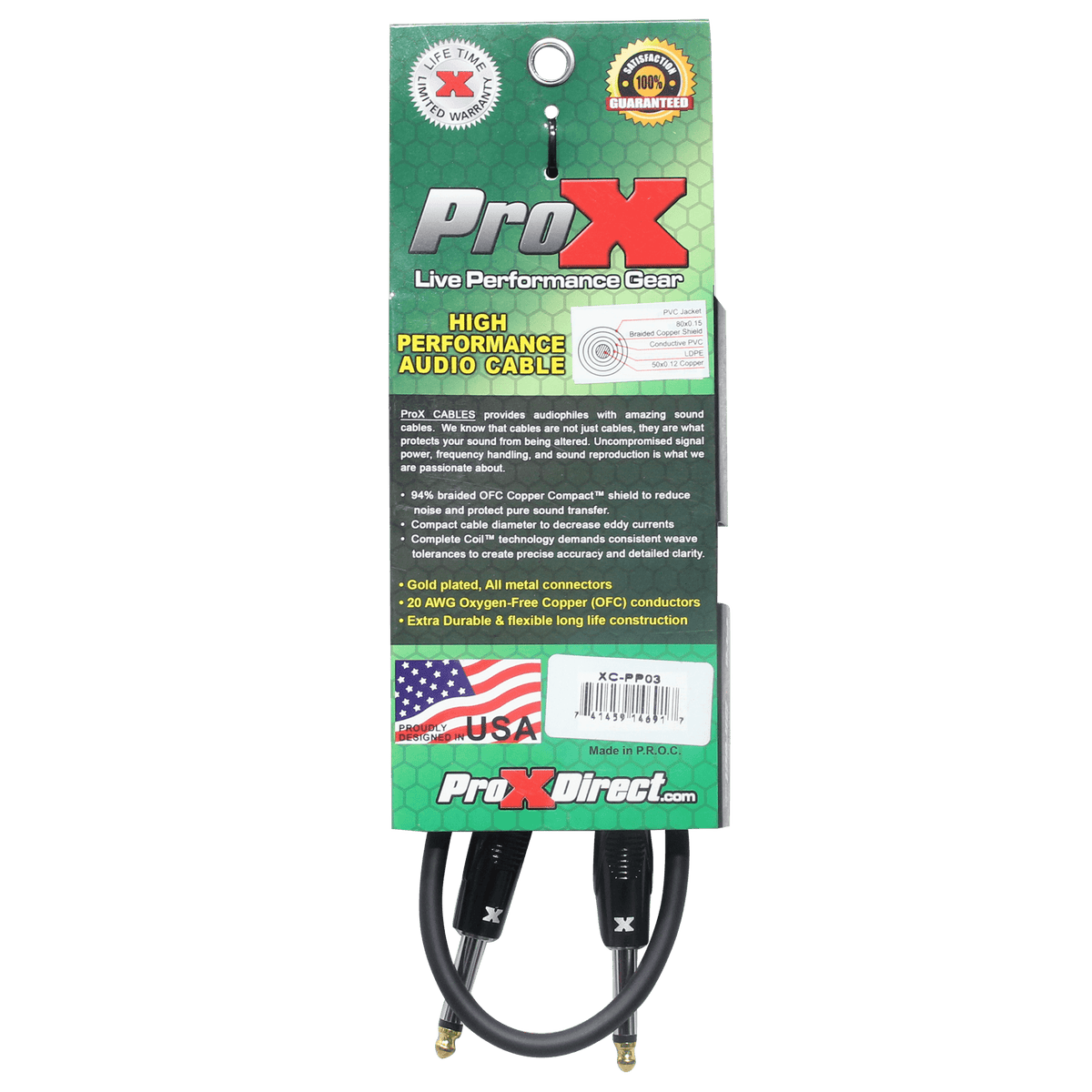 ProX 3' Ft. Unbalanced 1/4" TS-M to 1/4" TS-M High Performance Pro Audio Instrument Guitar Cable.