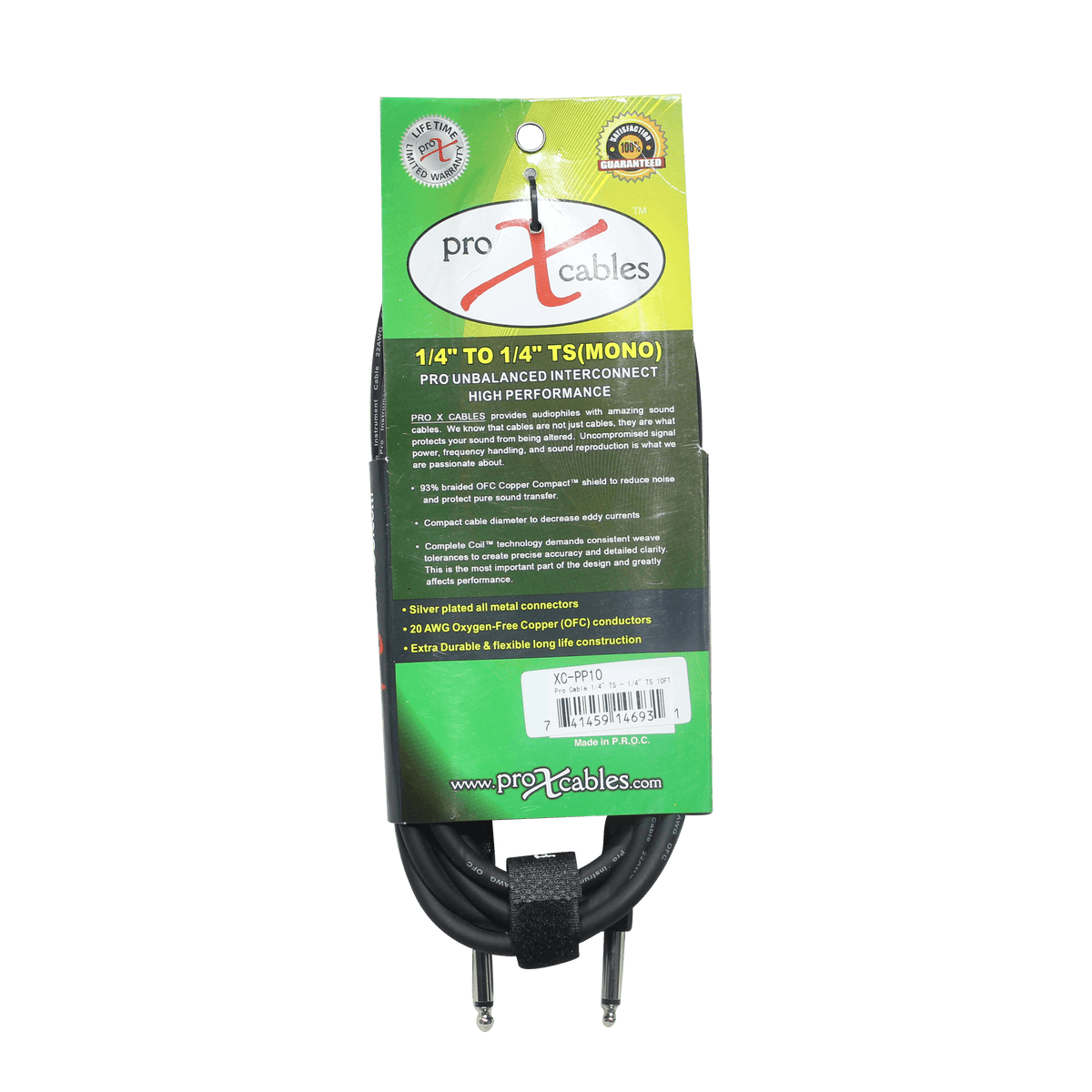 ProX 10' Ft. Unbalanced 1/4" TS-M to 1/4" TS-M High Performance Pro Audio Instrument Guitar Cable.
