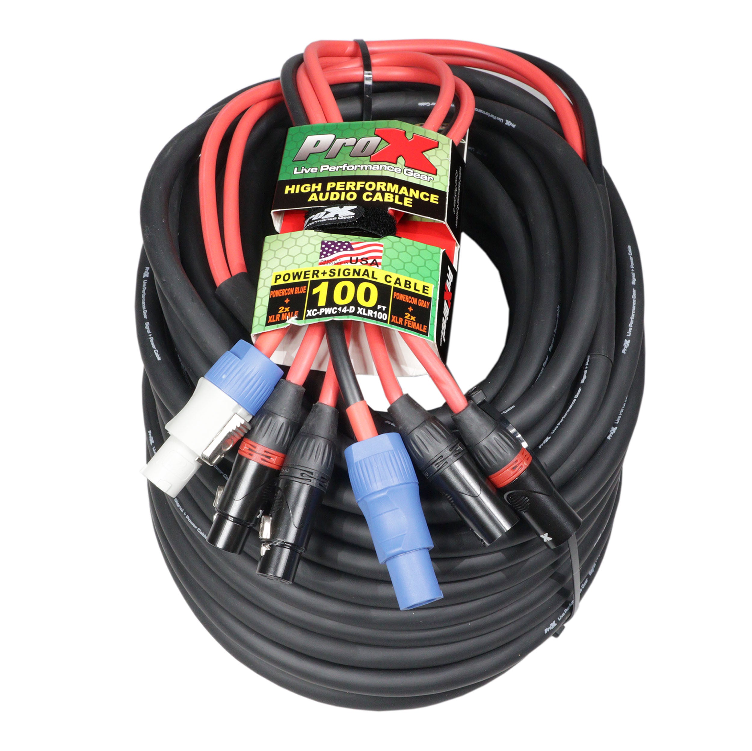 ProX 100' Ft 14AWG Powerkon to Dual XLR Combo Link Jumper Cable