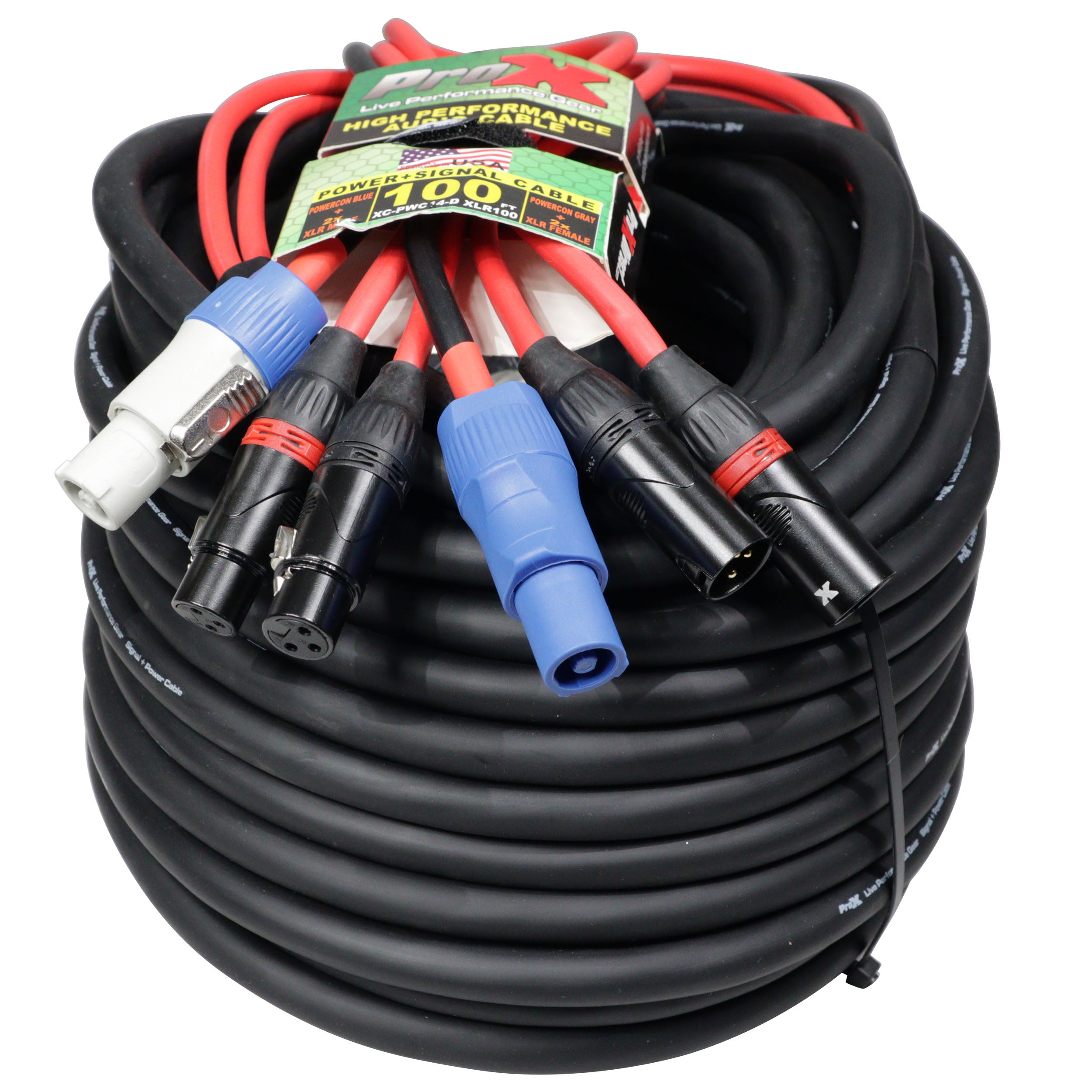 ProX 100' Ft 14AWG Powerkon to Dual XLR Combo Link Jumper Cable