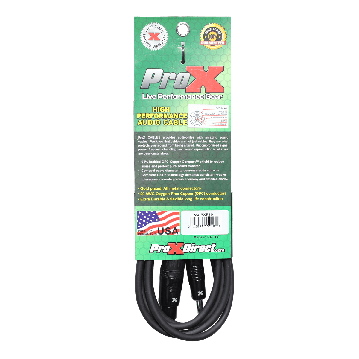 ProX 10 Ft. Unbalanced 1/4" TS to XLR3-F High Performance Audio Cable.