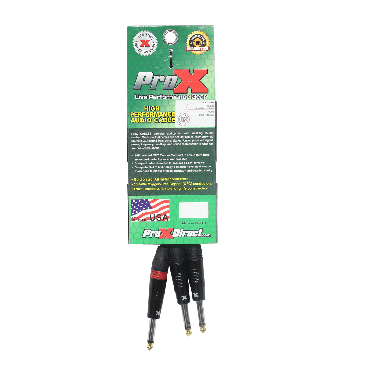 ProX 3 Ft. 1/4" TS-M to Dual 1/4" TS-M High Performance Audio Cable.