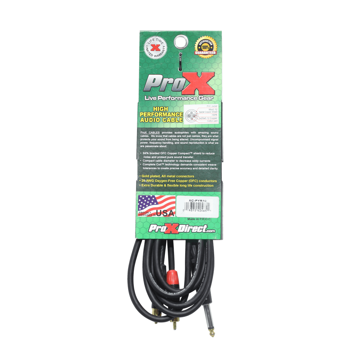 ProX 10 Ft. Unbalanced 1/4" TS-M to Dual RCA-M High Performance Audio Y Cable.