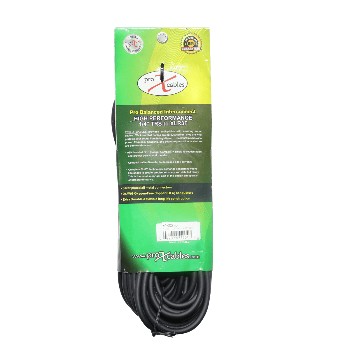 ProX 50 Ft. Balanced 1/4" TRS-M to XLR3-F High Performance Audio Cable.