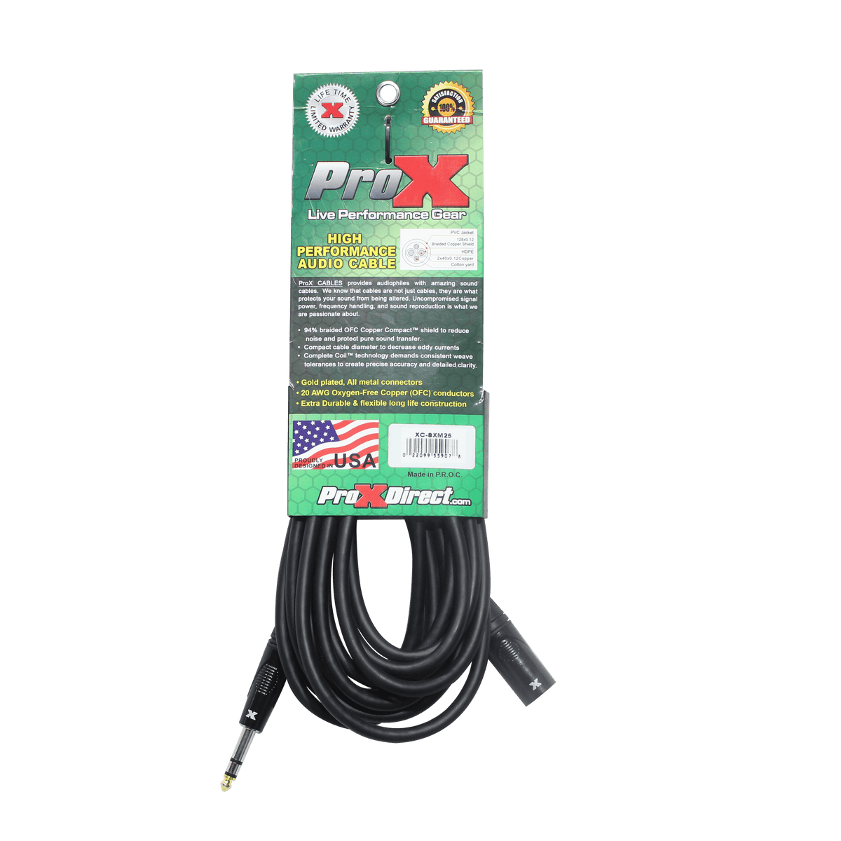 ProX 25 Ft. Balanced XLR-M to 1/4 TRS-M High Performance Audio Cable.
