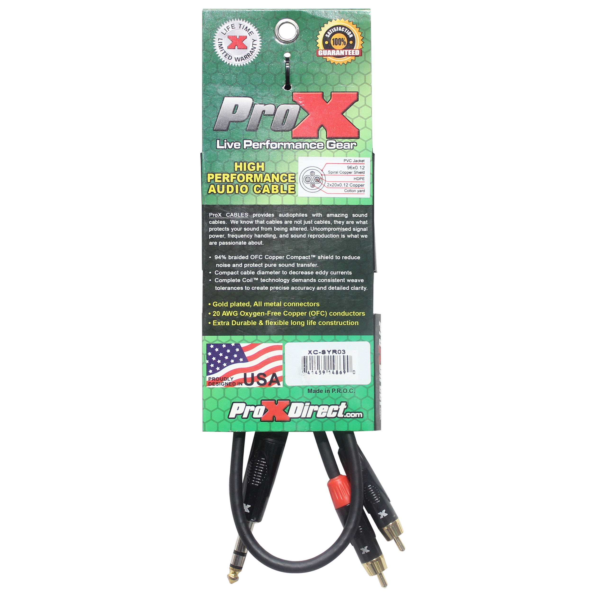 ProX 3 Ft. Unbalanced 1/4" TRS-M to Dual RCA-M High Performance Audio Cable
