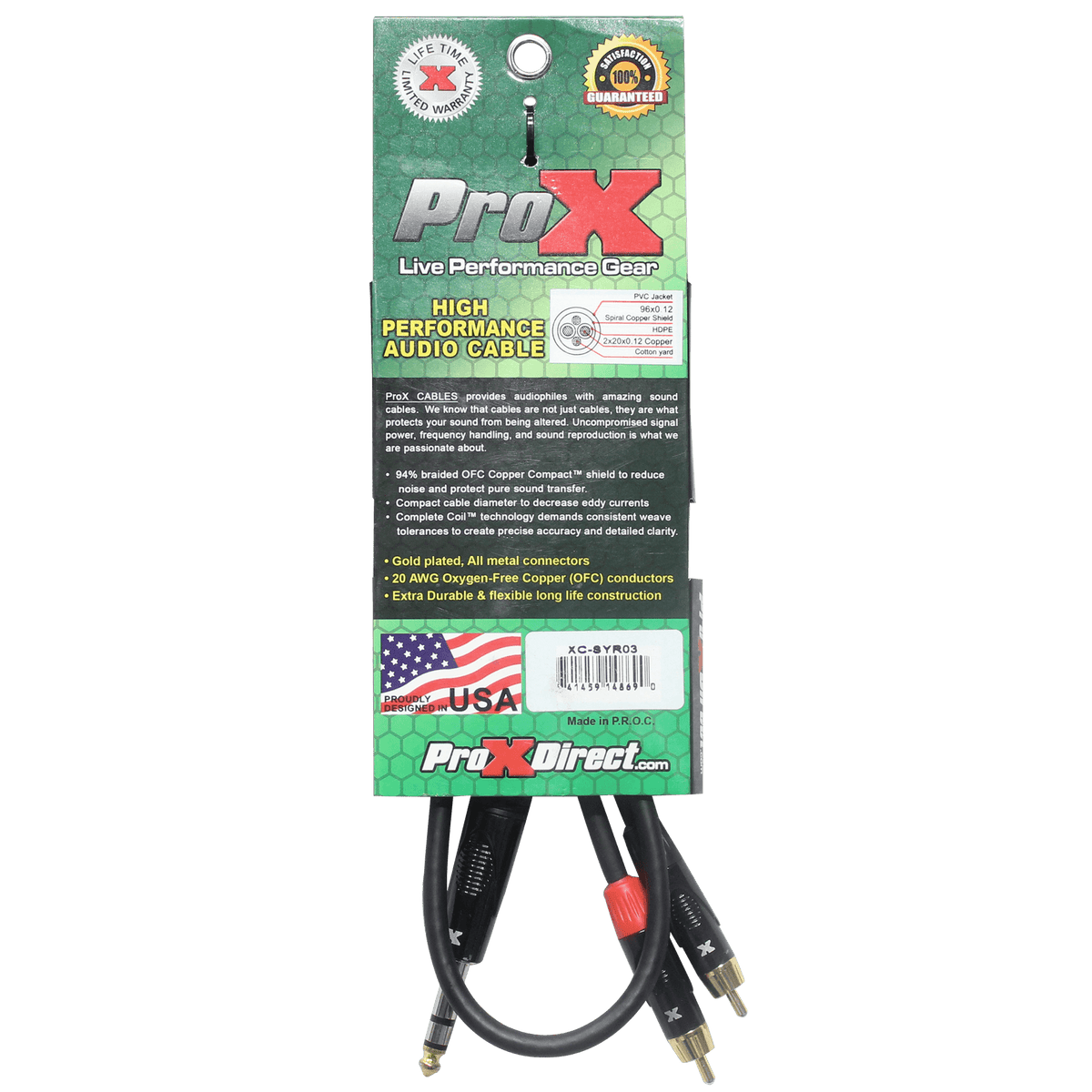 ProX 3 Ft. Unbalanced 1/4" TRS-M to Dual RCA-M High Performance Audio Cable.