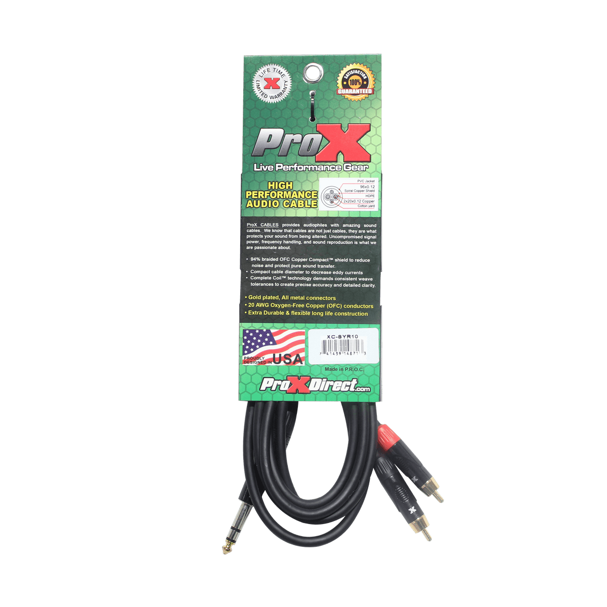 ProX 10 Ft. Unbalanced 1/4" TRS-M to Dual RCA-M High Performance Audio Cable.