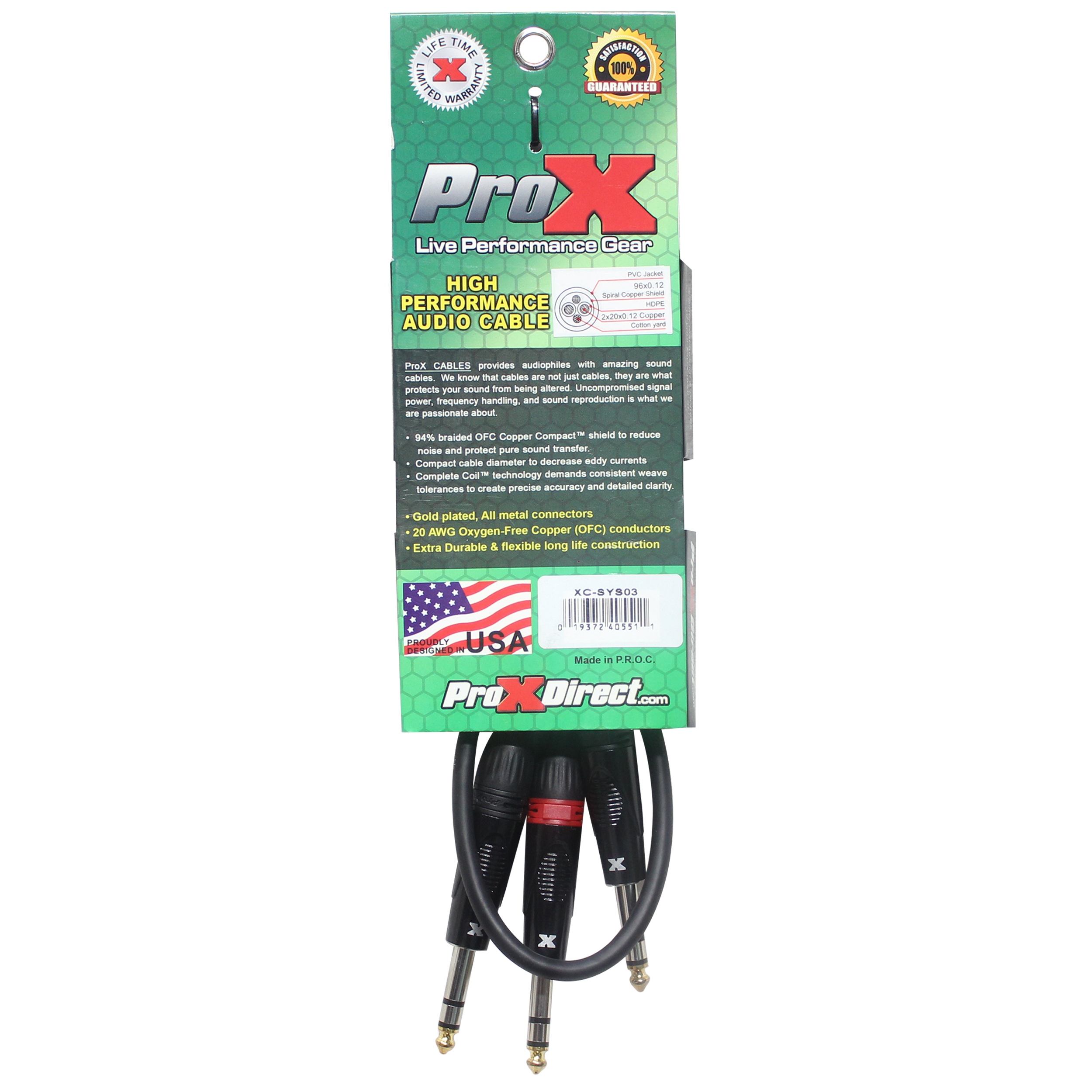 ProX 3 Ft. 1/4" TRS-M to Dual 1/4" TRS-M High Performance Audio Cable