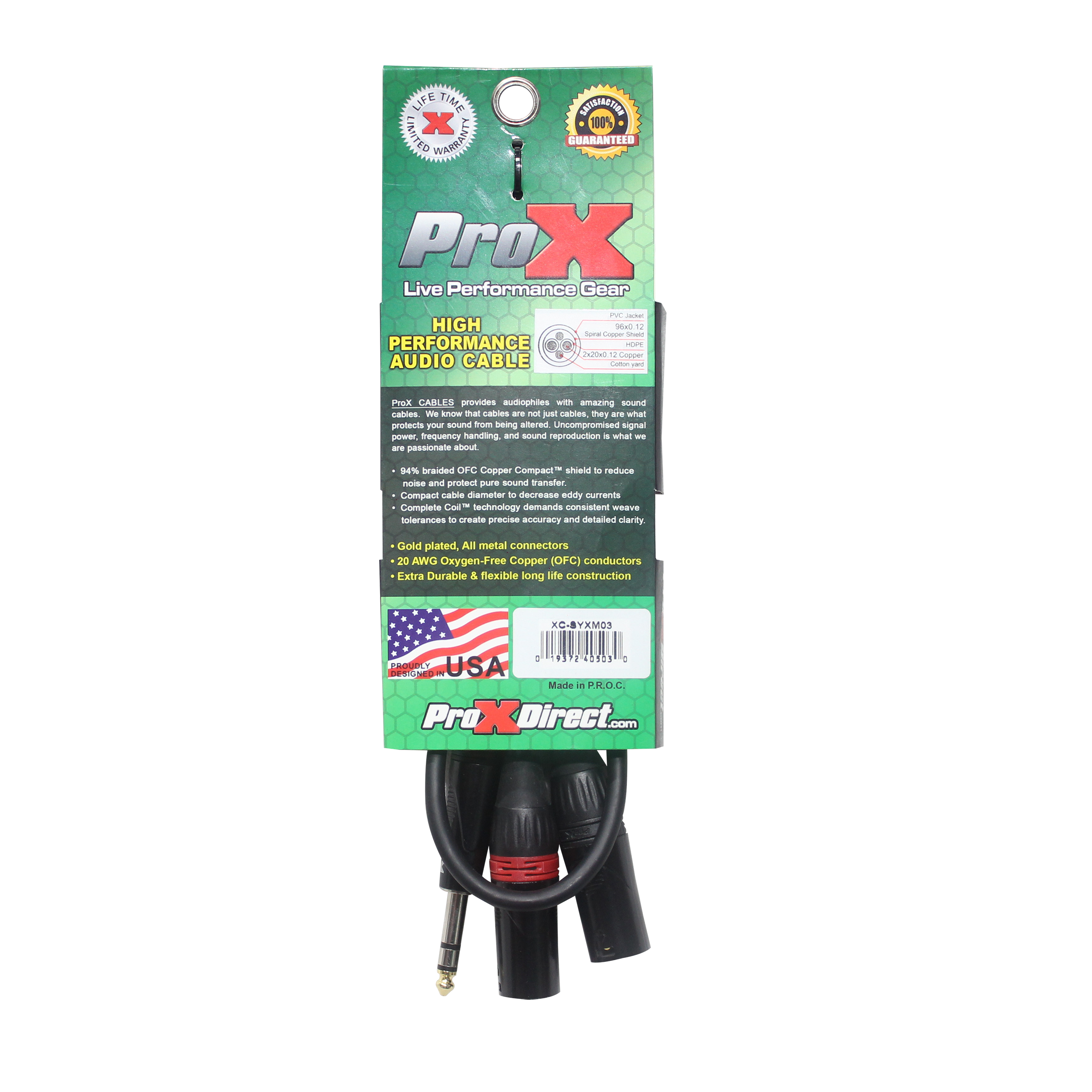 ProX 3 Ft. 1/4" TRS-M Stereo to Dual XLR3-M High Performance Y Cable