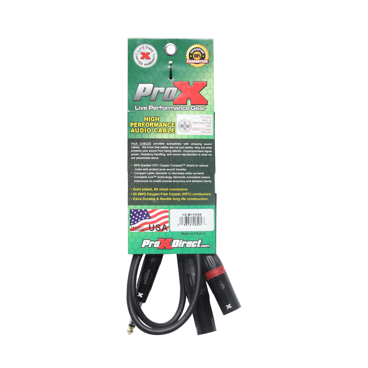 ProX 5 Ft. 1/4" TRS-M Stereo to Dual XLR3-M High Performance Y Cable.
