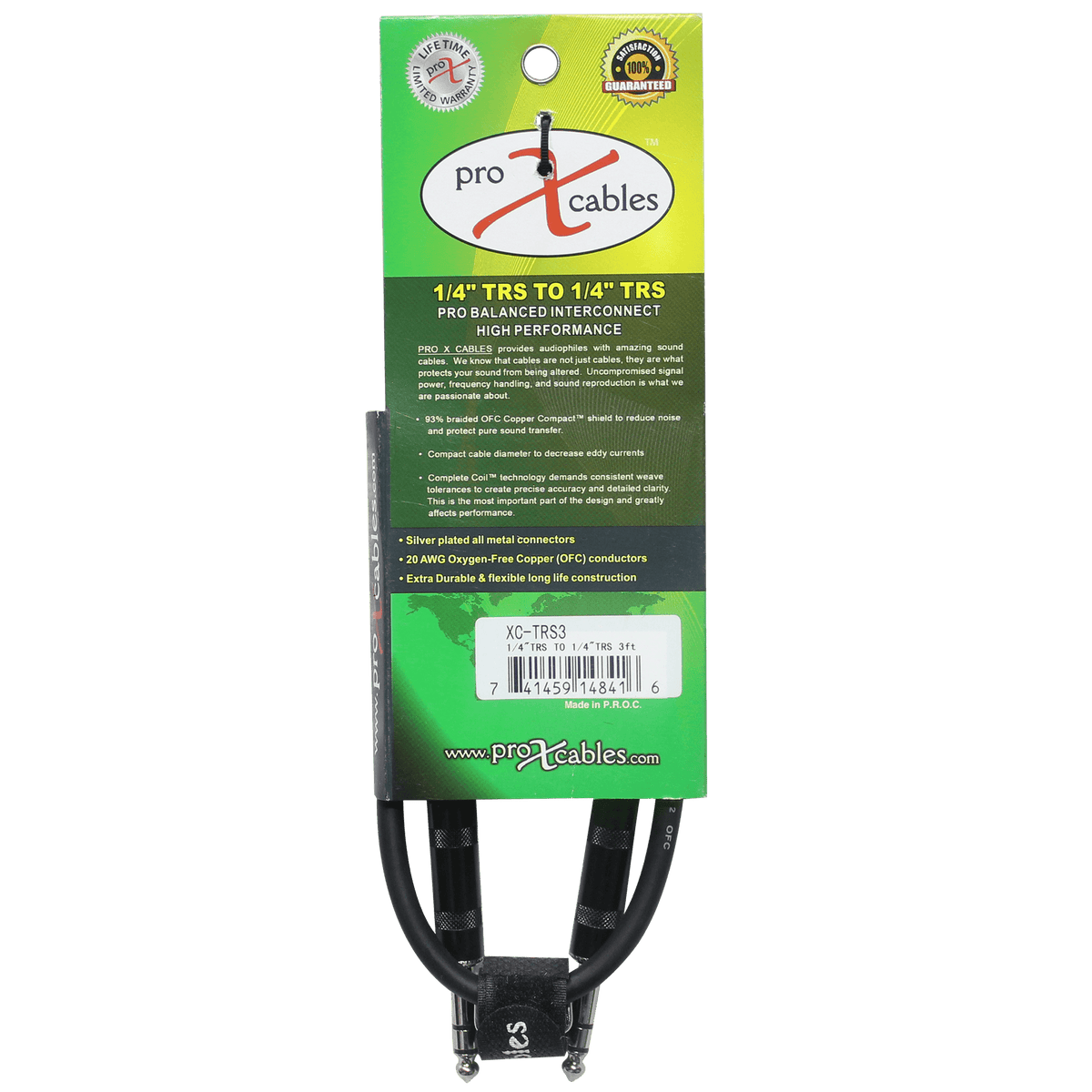 ProX 3 Ft. Balanced 1/4" TRS-M to TRS-M High Performance Audio Cable.
