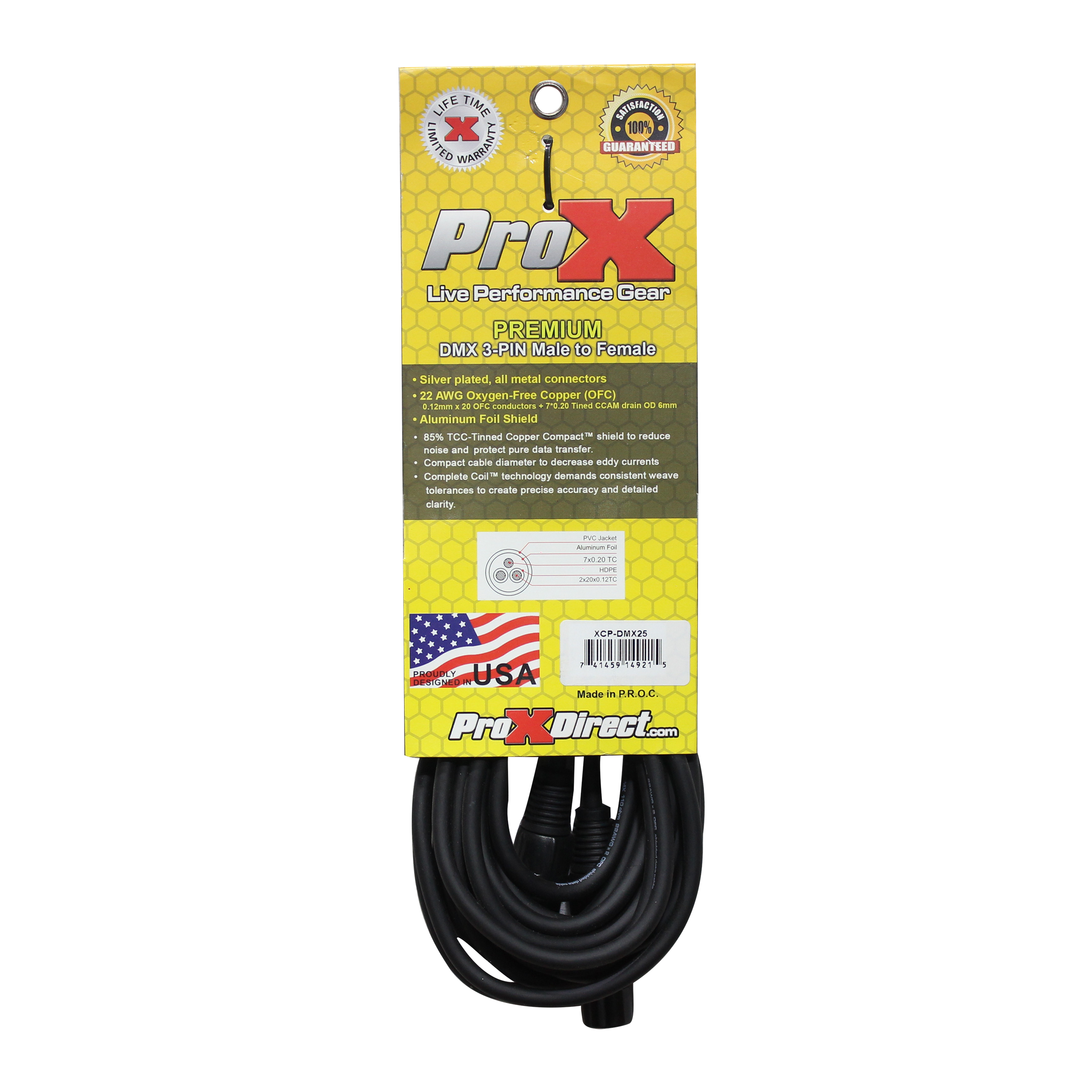 ProX 25 Ft. DMX XLR3-M to XLR3-F Premium Cable