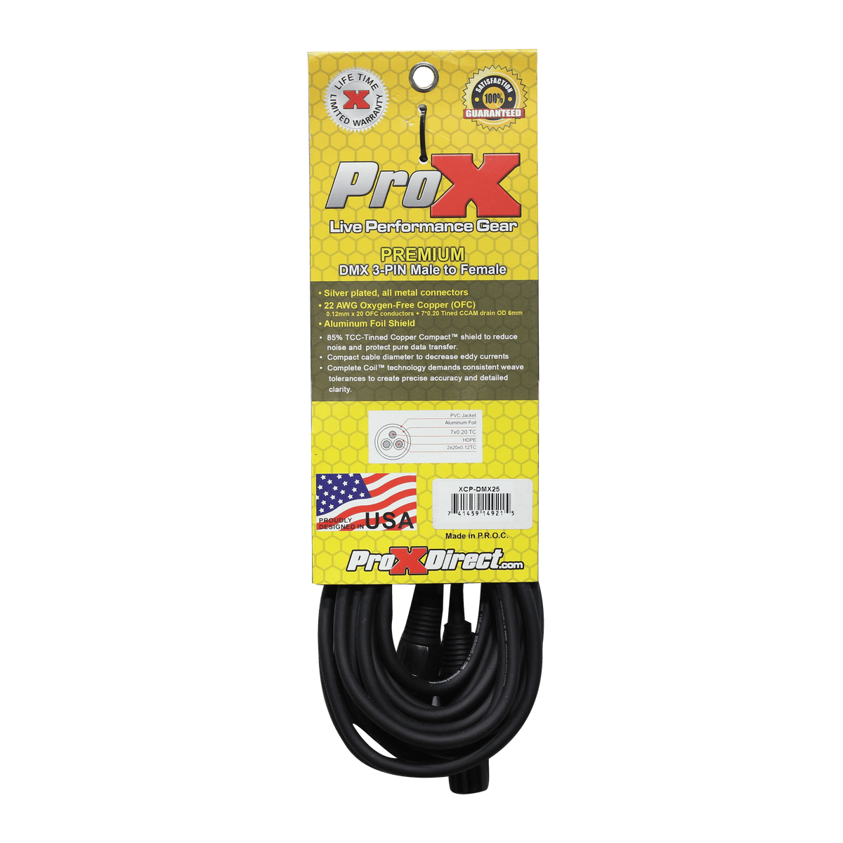 ProX 25 Ft. DMX XLR3-M to XLR3-F Premium Cable.