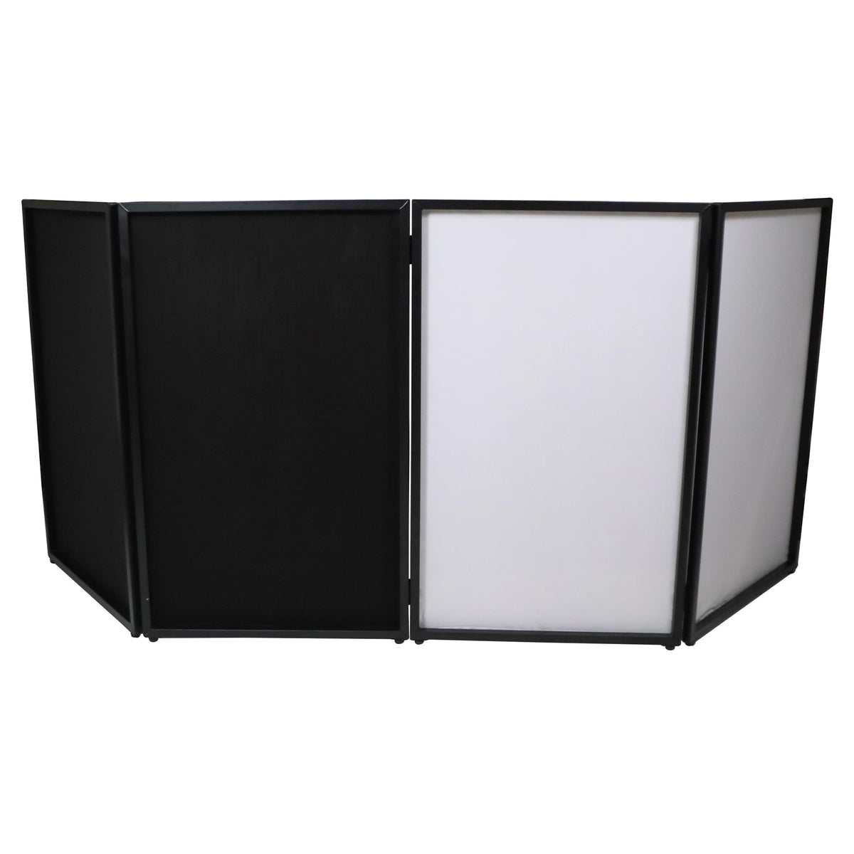 ProX Four Panel Party Black Frame Collapse and Go DJ Facade, Two Side corner Shelves, Carry Bag, 4xBlack and 4xWhite Scrims.