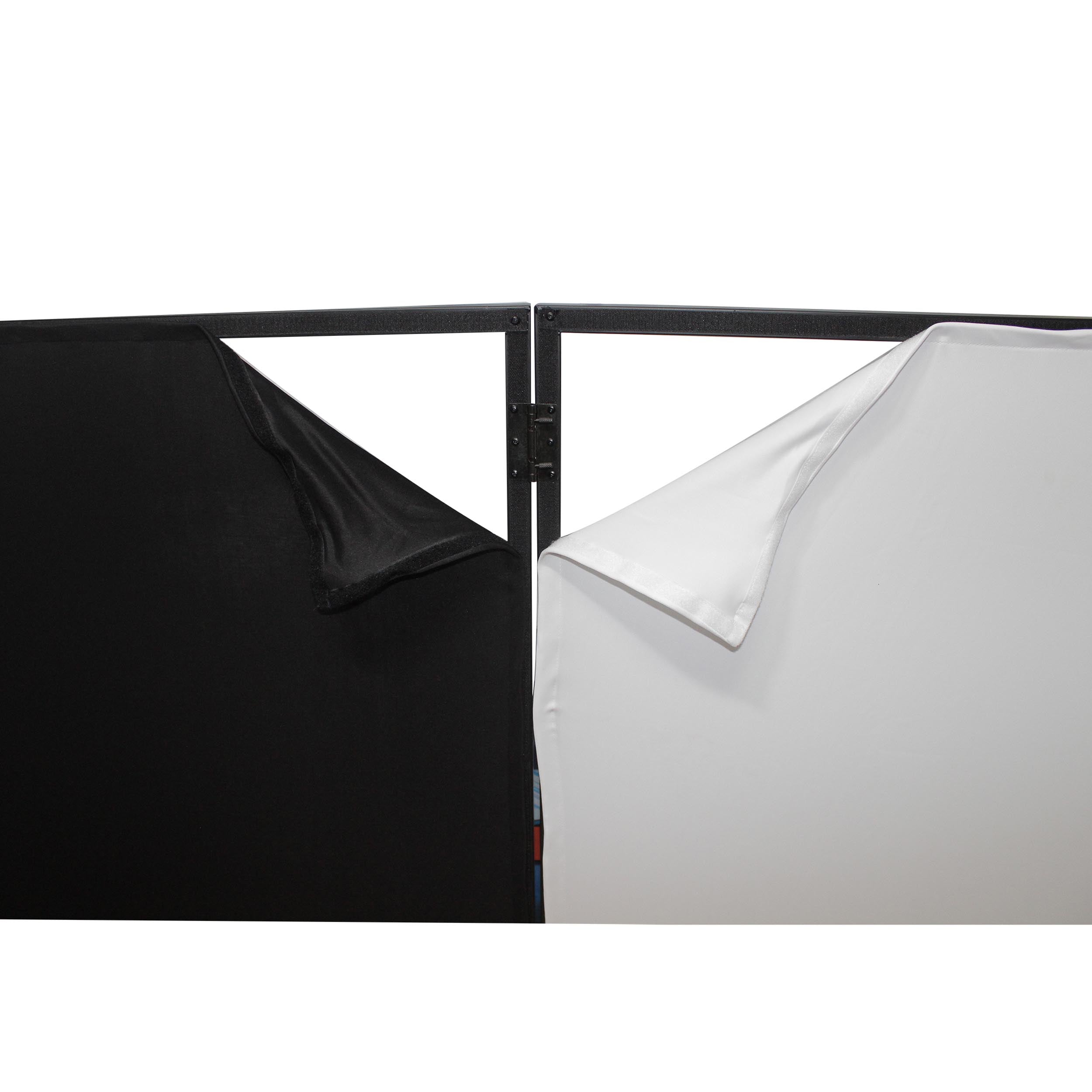 ProX Four Panel Party Black Frame Collapse and Go DJ Facade, Two Side corner Shelves, Carry Bag, 4xBlack and 4xWhite Scrims