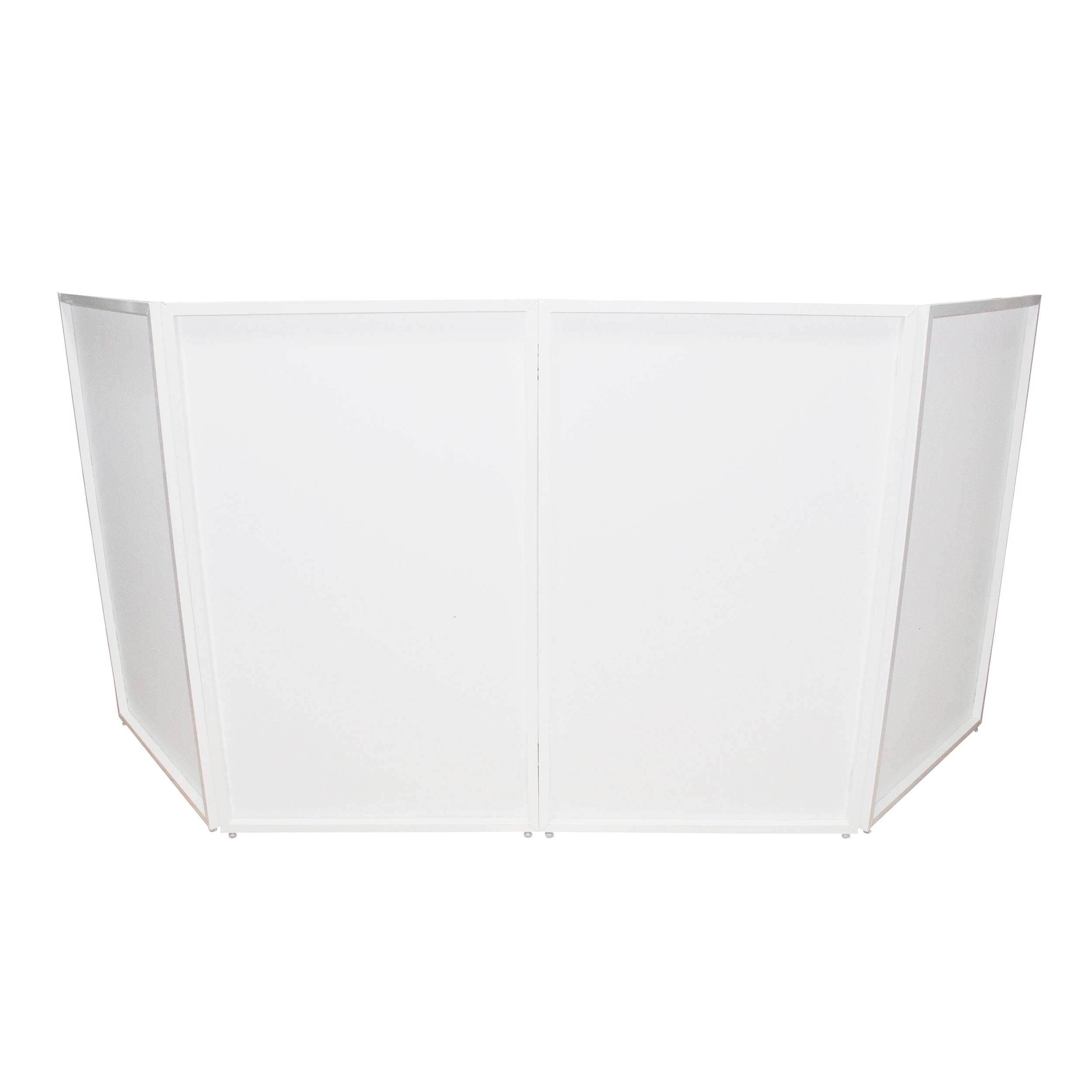 ProX Four Panel Wedding White Frame Collapse and Go DJ Facade, Two Side corner Shelves, Carry Bag, 4xBlack and 4xWhite Scrims