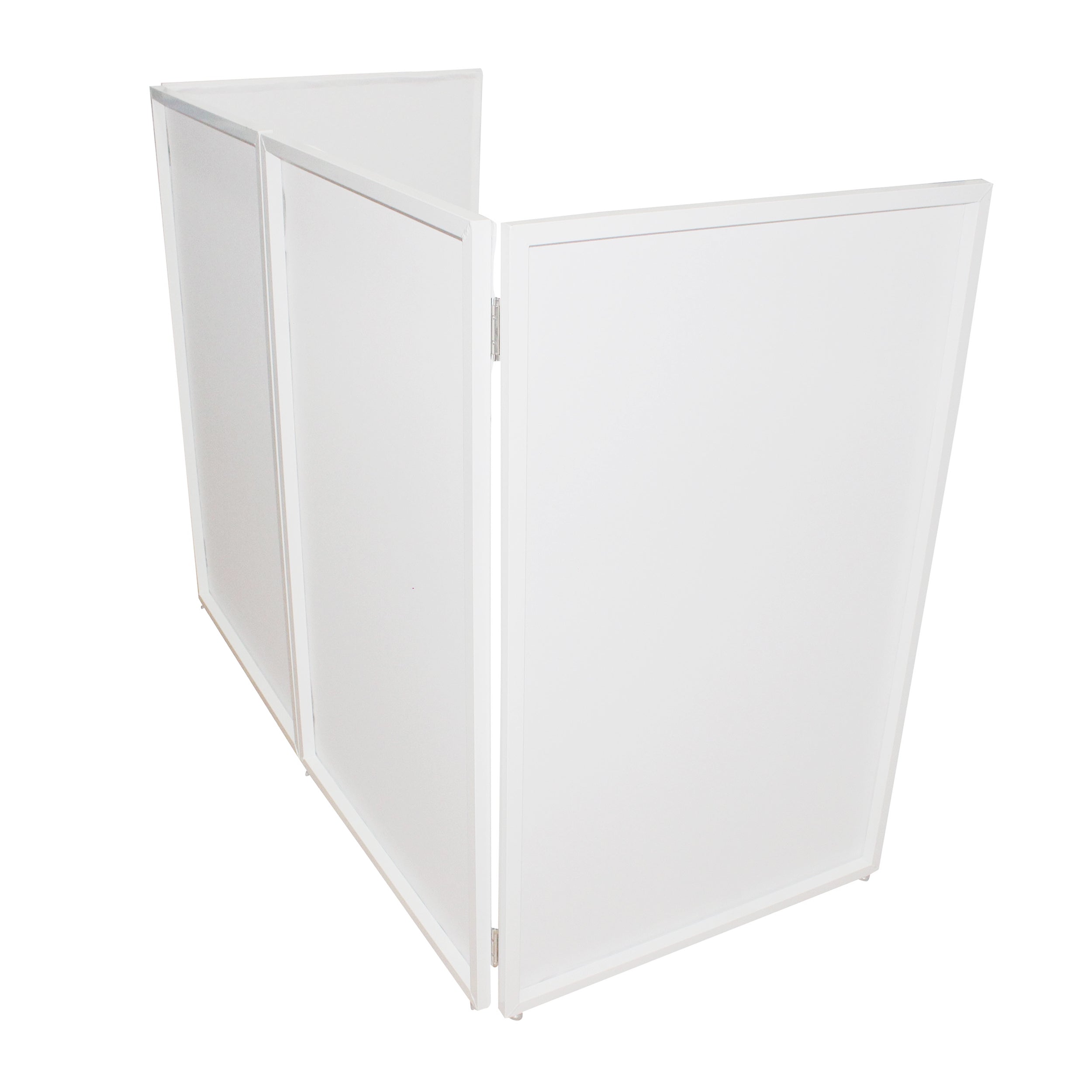 ProX Four Panel Wedding White Frame Collapse and Go DJ Facade, Two Side corner Shelves, Carry Bag, 4xBlack and 4xWhite Scrims