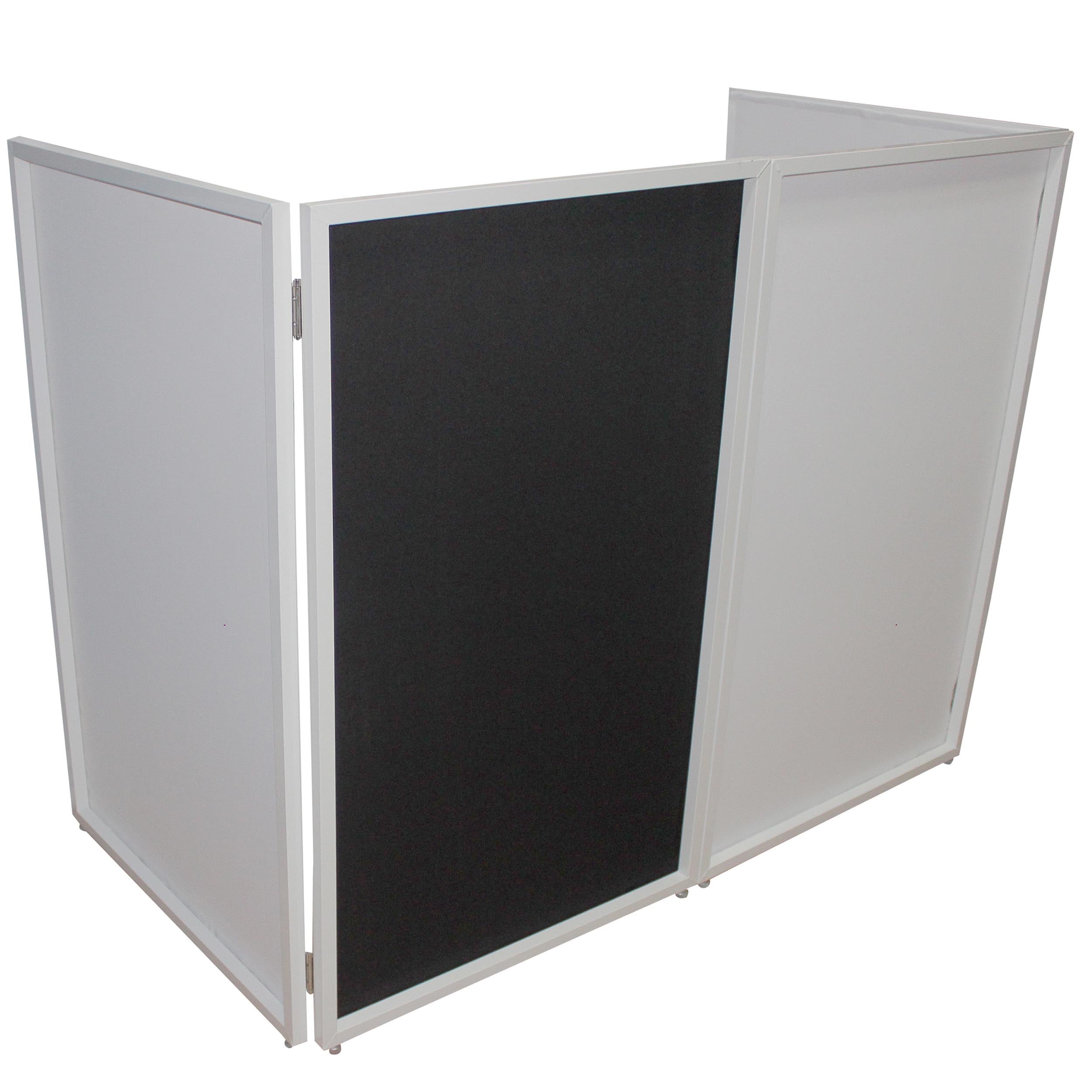 ProX Four Panel Wedding White Frame Collapse and Go DJ Facade, Two Side corner Shelves, Carry Bag, 4xBlack and 4xWhite Scrims