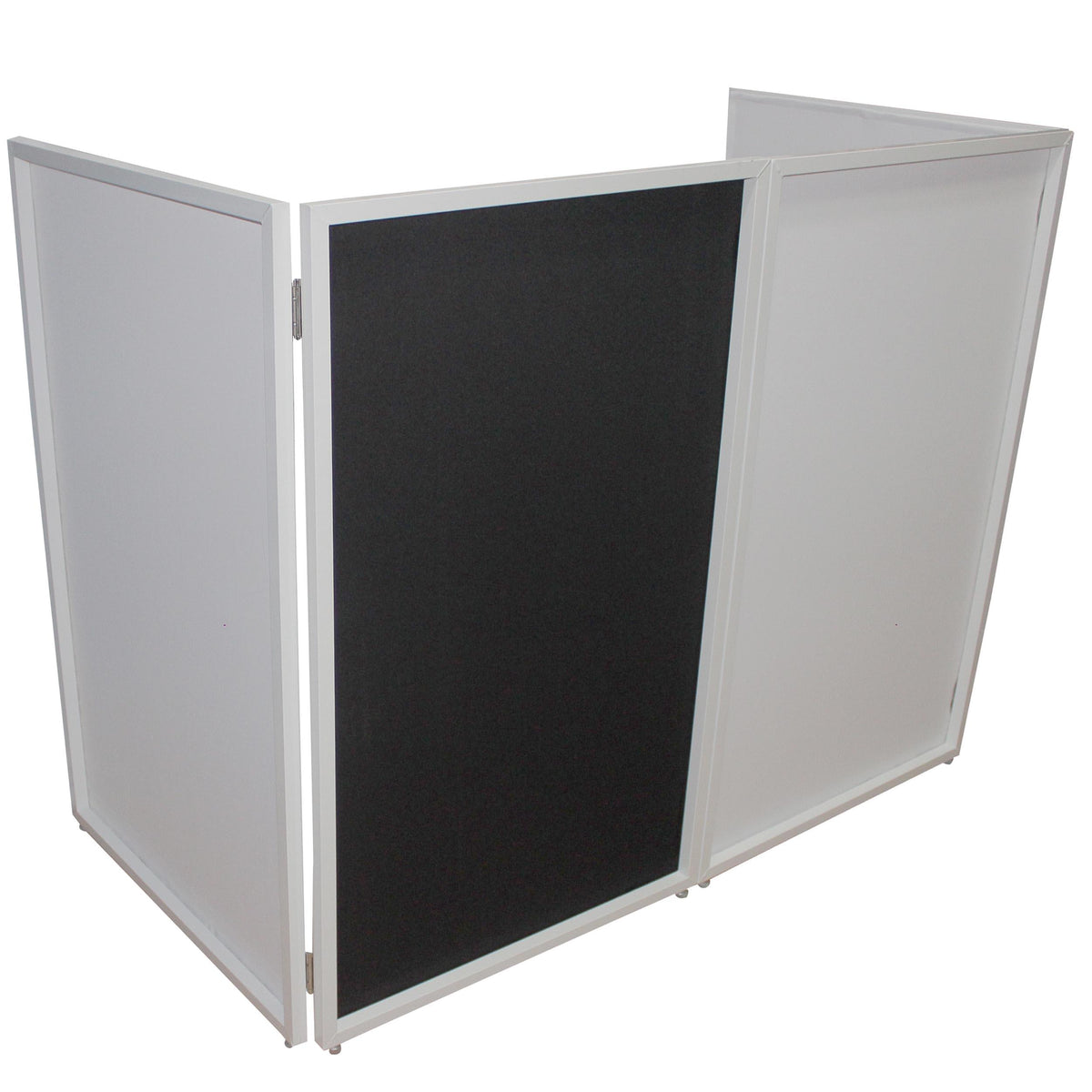 ProX Four Panel Wedding White Frame Collapse and Go DJ Facade, Two Side corner Shelves, Carry Bag, 4xBlack and 4xWhite Scrims.