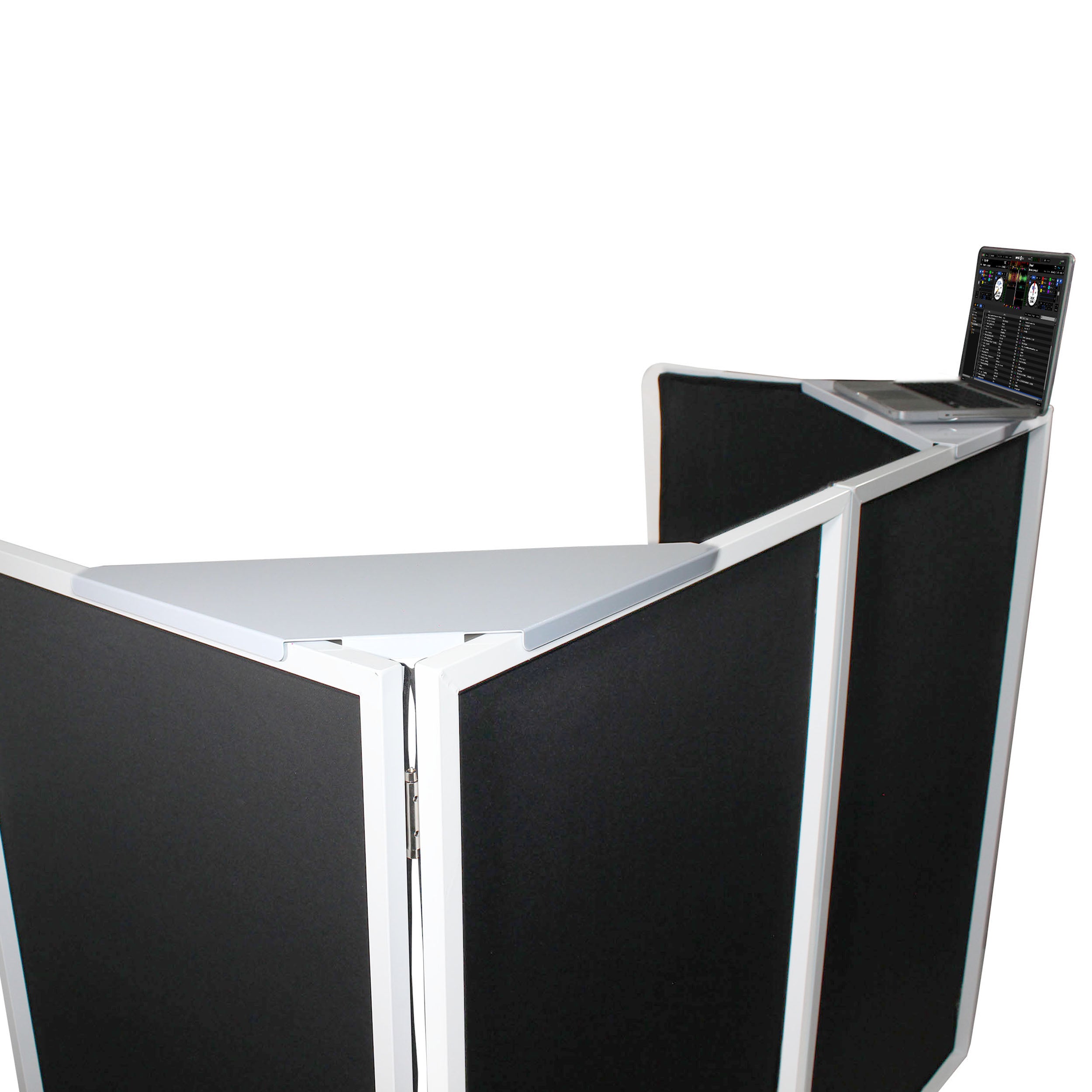 ProX Four Panel Wedding White Frame Collapse and Go DJ Facade, Two Side corner Shelves, Carry Bag, 4xBlack and 4xWhite Scrims