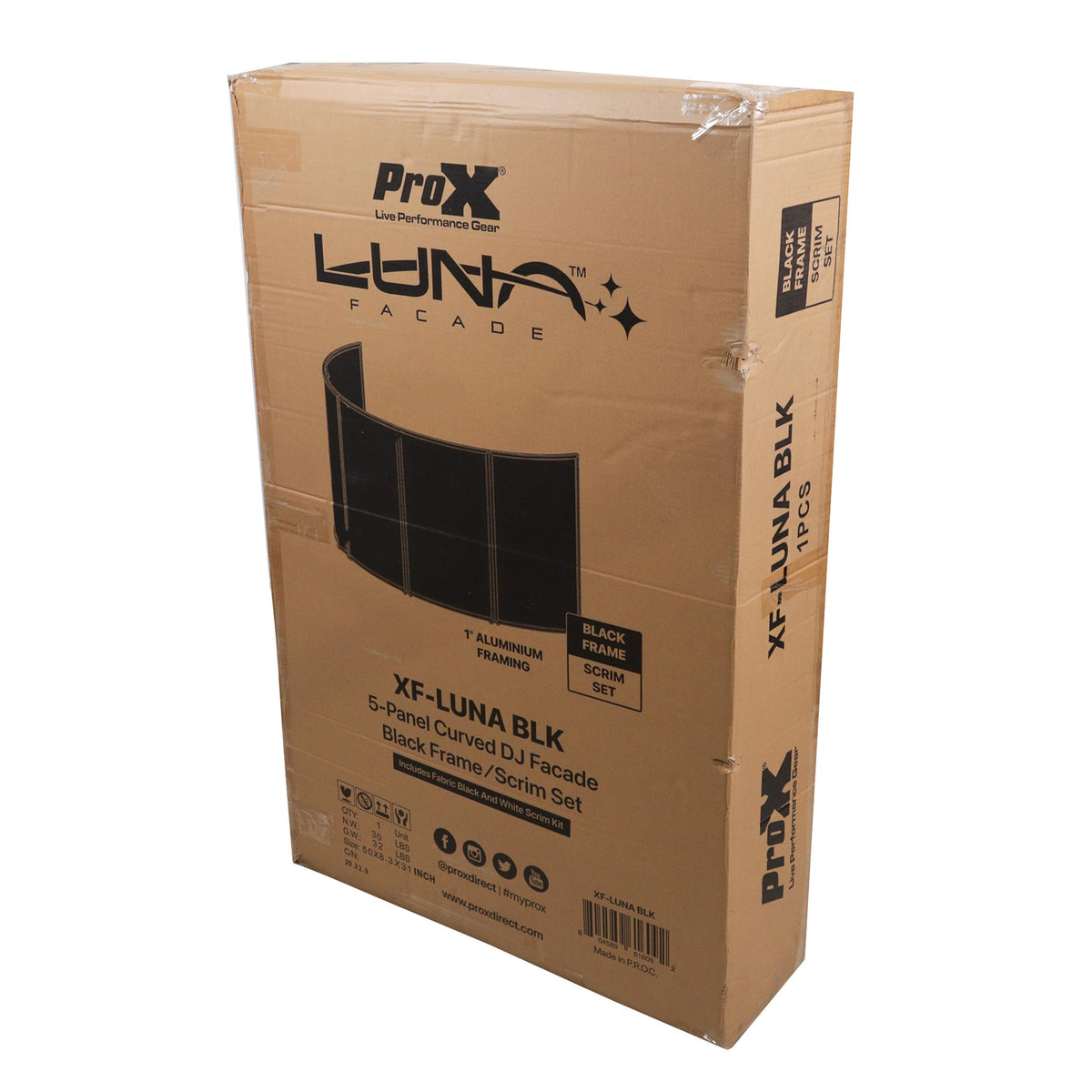 ProX LUNA DJ Facade 5 Panel Curved with Black White Scrim Kit Black Hardware.