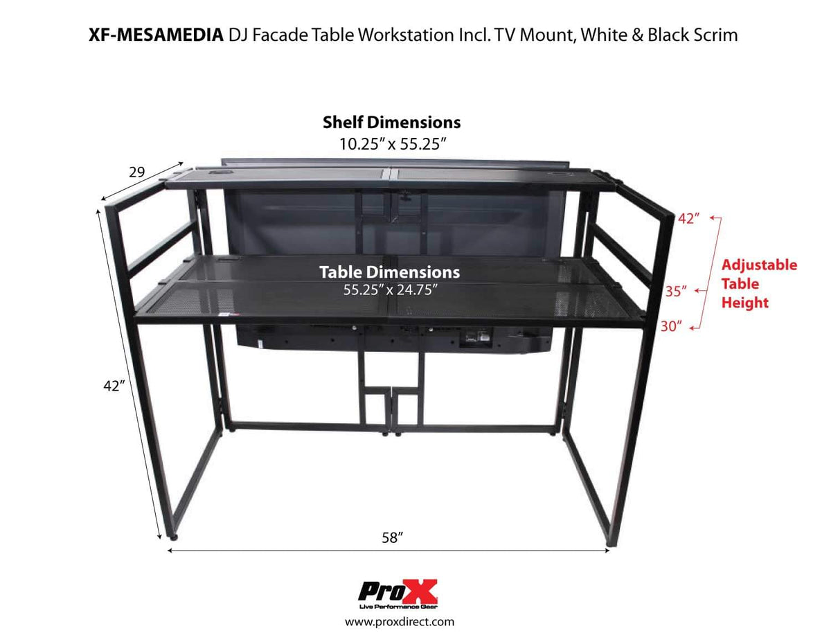 ProX MESA MEDIA MK2 DJ Facade Table Workstation Includes TV Bracket Mount White & Black Scrims and Carry Bag.