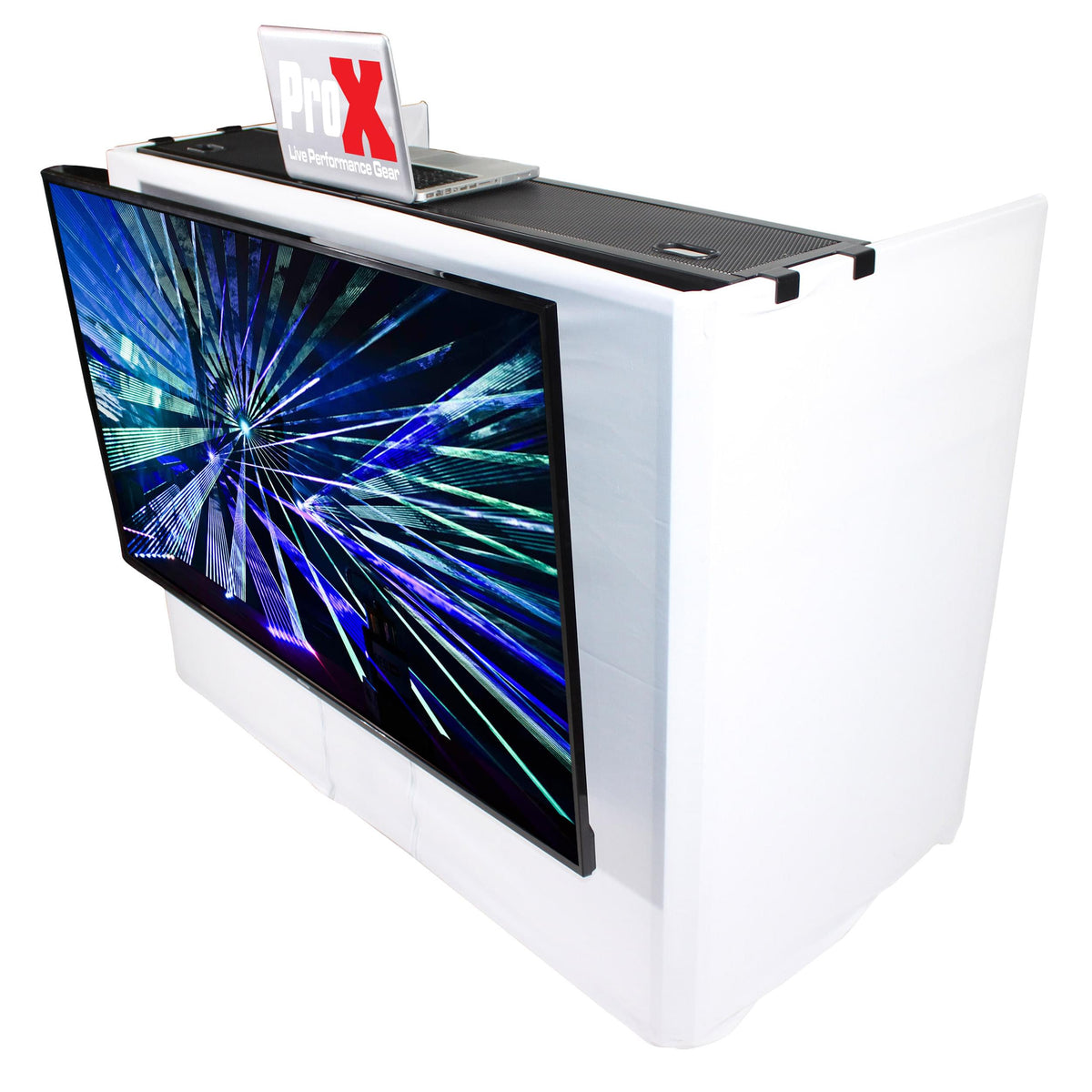 ProX MESA MEDIA MK2 DJ Facade Table Workstation Includes TV Bracket Mount White & Black Scrims and Carry Bag.